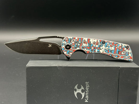 KANSEPT KRYO FOLDING KNIFE RED/BLUE/WHITE NEBULA CARBON FIBER HANDLE S35VN DROP POINT PLAIN EDGE BLACK STONEWASH FINISH K1001M3