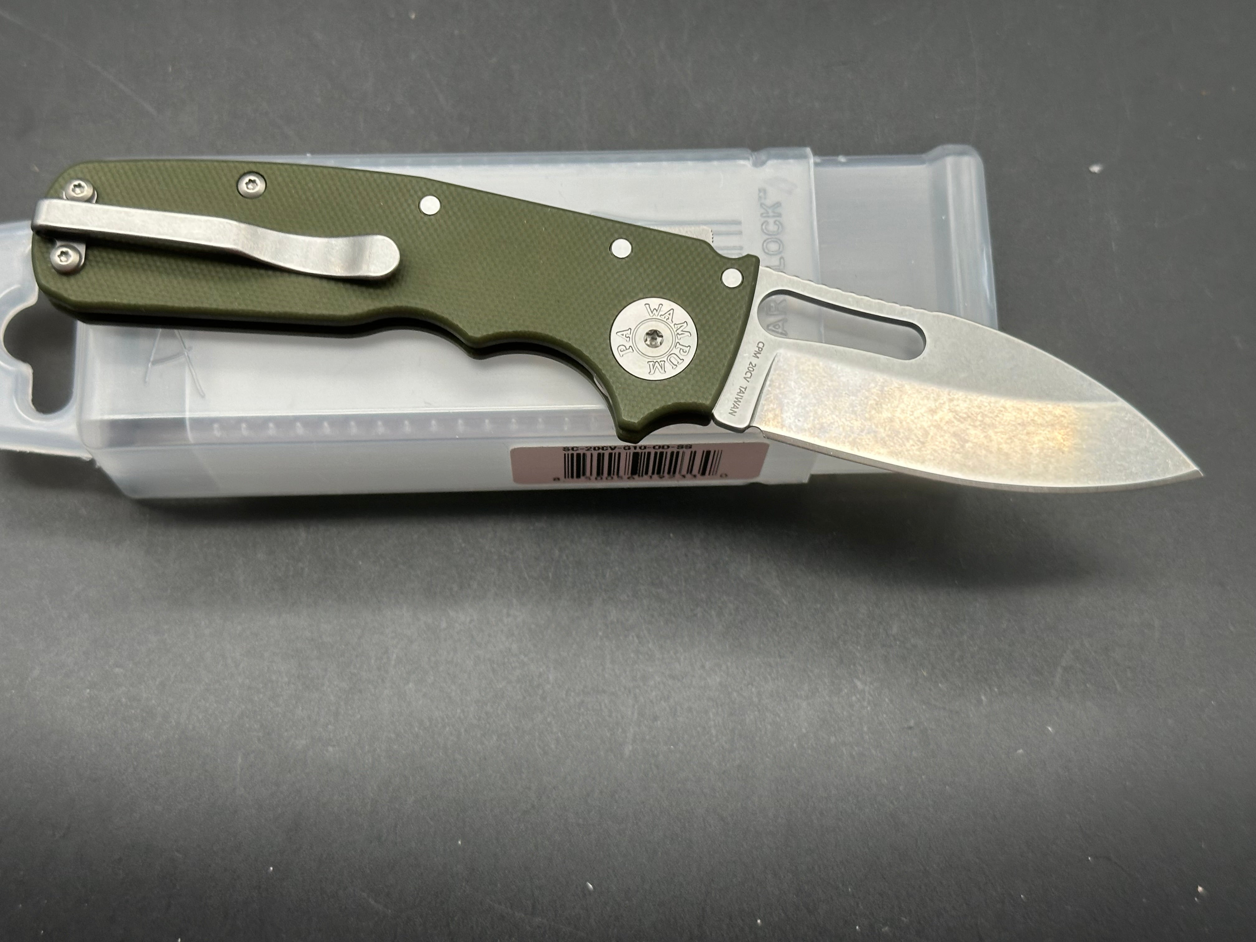 Demko Shark Cub 2.75" CPM 20CV Stonewash Slicer Blade with OD Green G10 Scales
