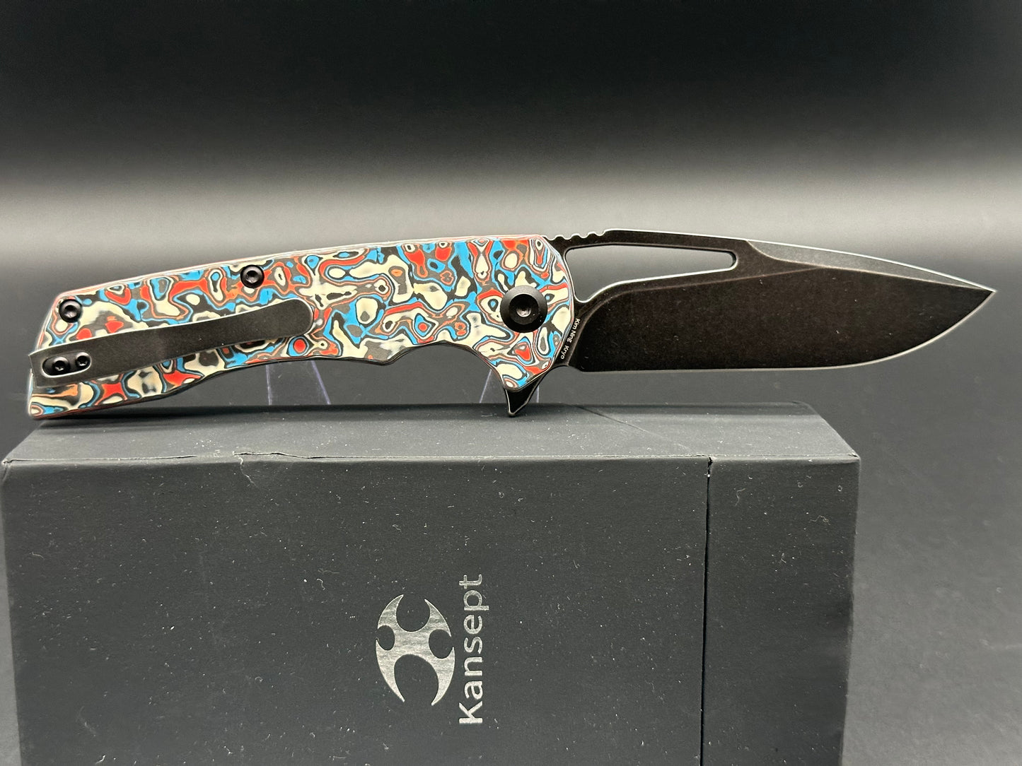 KANSEPT KRYO FOLDING KNIFE RED/BLUE/WHITE NEBULA CARBON FIBER HANDLE S35VN DROP POINT PLAIN EDGE BLACK STONEWASH FINISH K1001M3