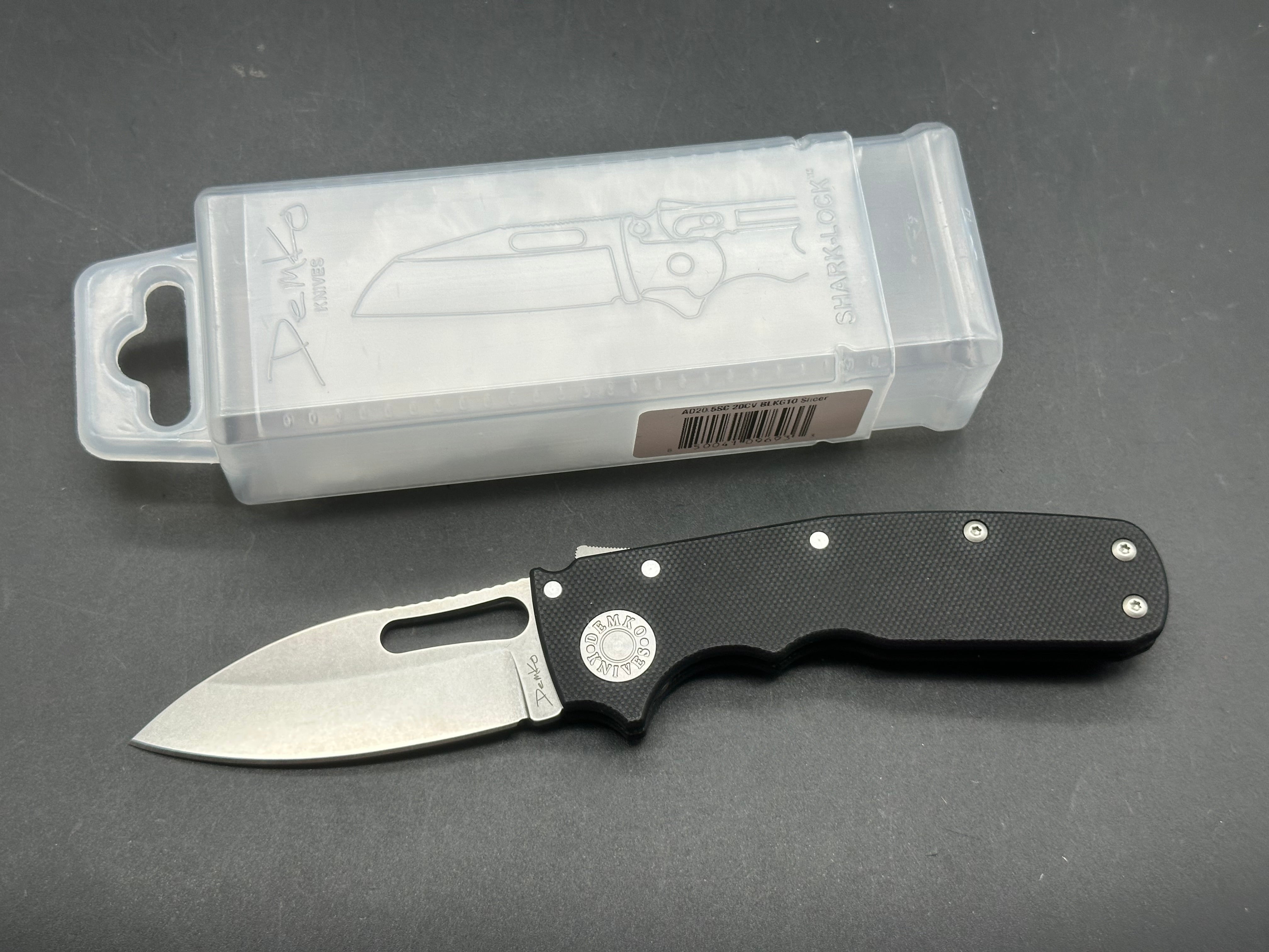 Demko Shark Cub 2.75" CPM 20CV Stonewash Slicer Blade with Black G10 Scales