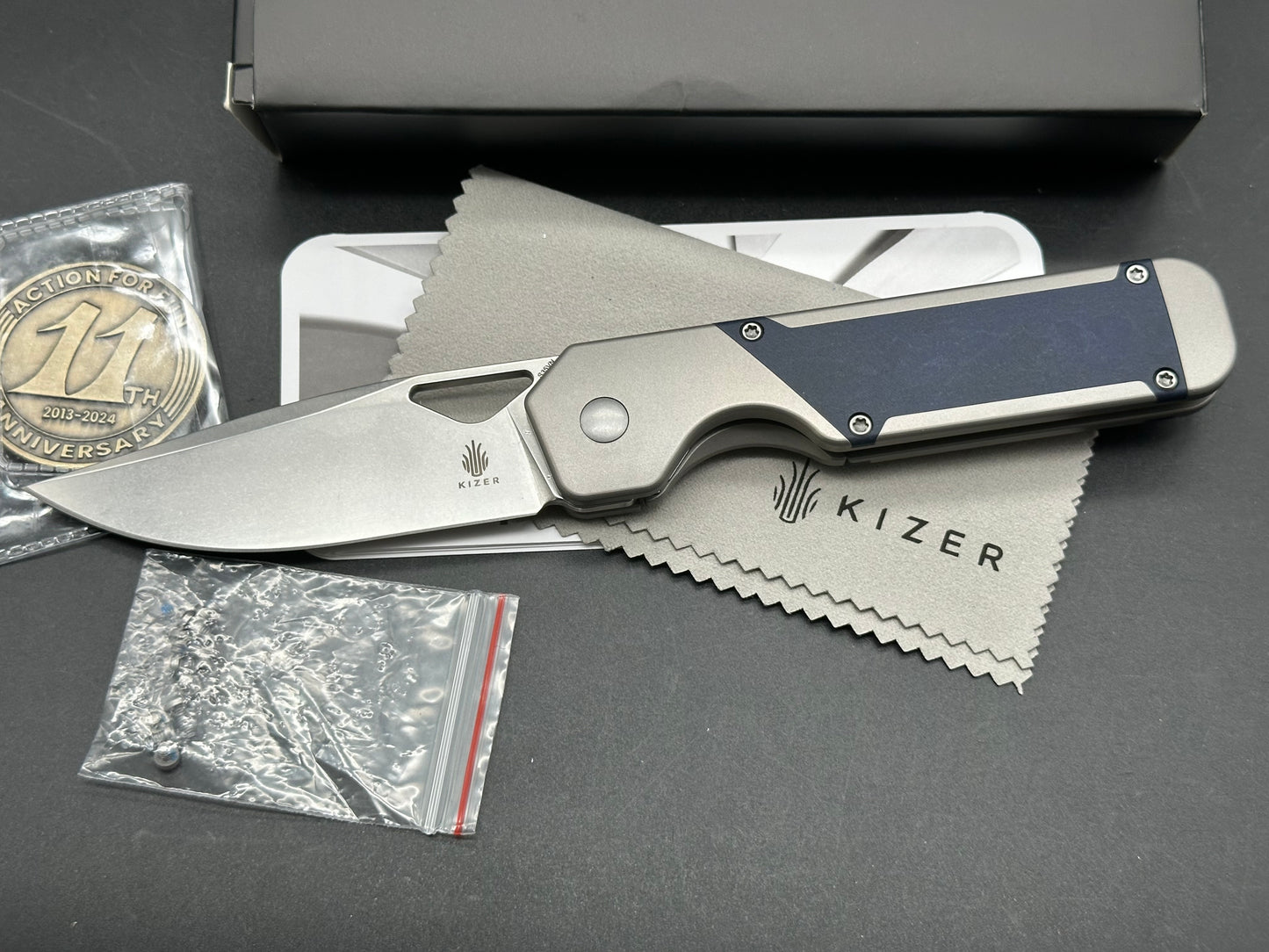 Kizer Militaw S35VN Blade with Titanium and Blue Richlite Handle