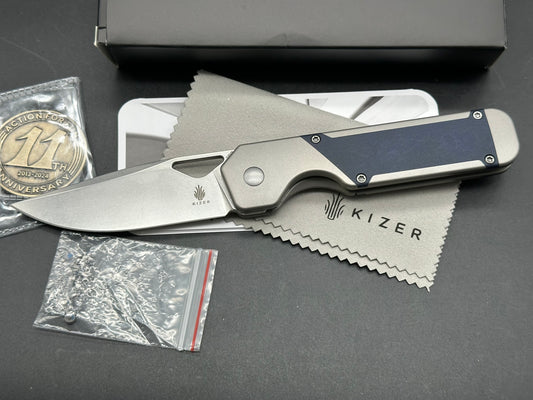 Kizer Militaw S35VN Blade with Titanium and Blue Richlite Handle