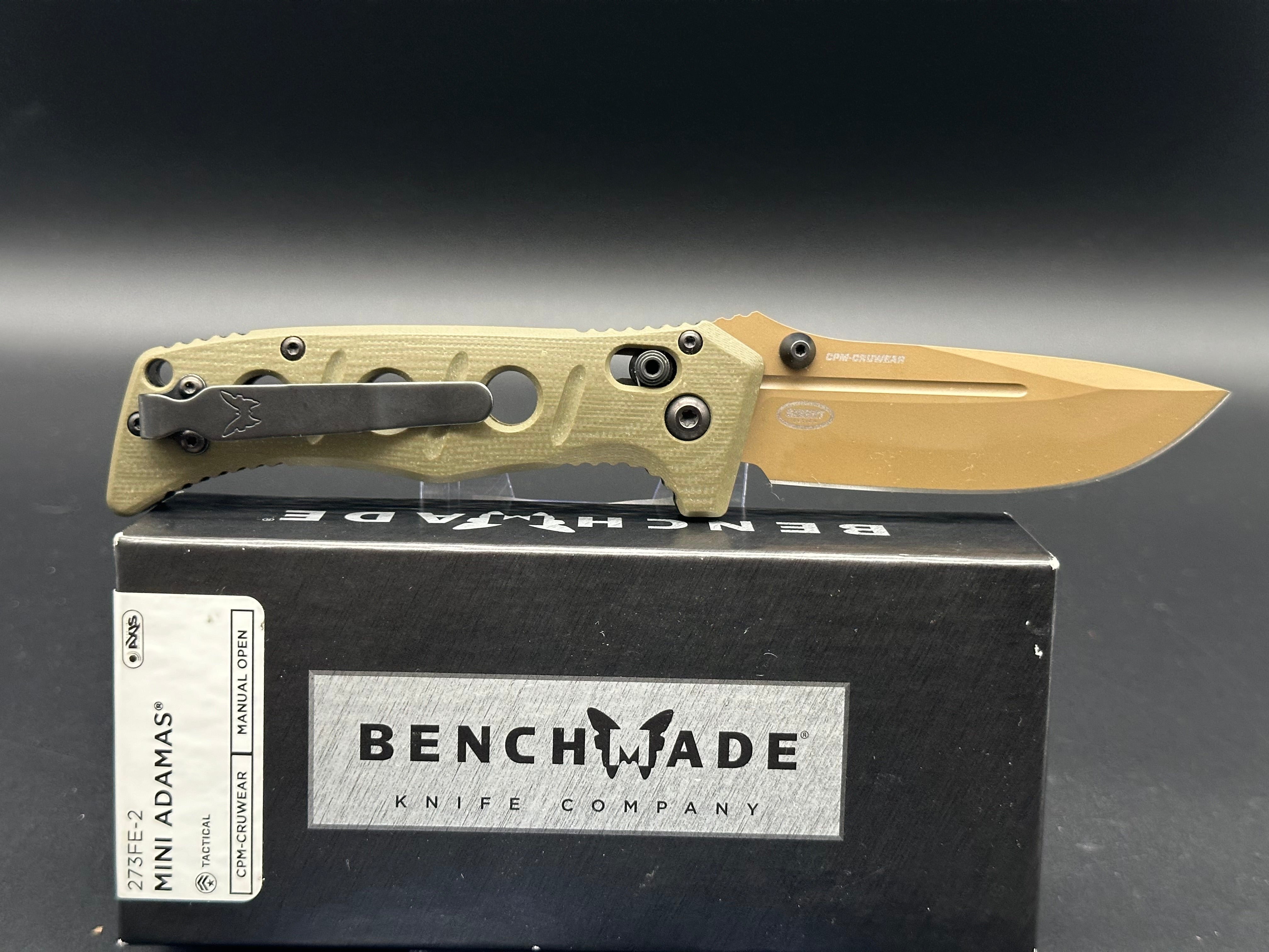 BENCHMADE 273 MINI ADAMAS FOLDING KNIFE OLIVE DRAB G-10 HANDLE CPM-CRUWEAR PLAIN EDGE BM273FE-2