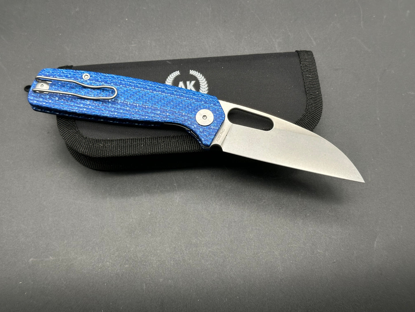 Asher Spiro 20CV Stonewash Blade with Blue Carbon Fiber Handle