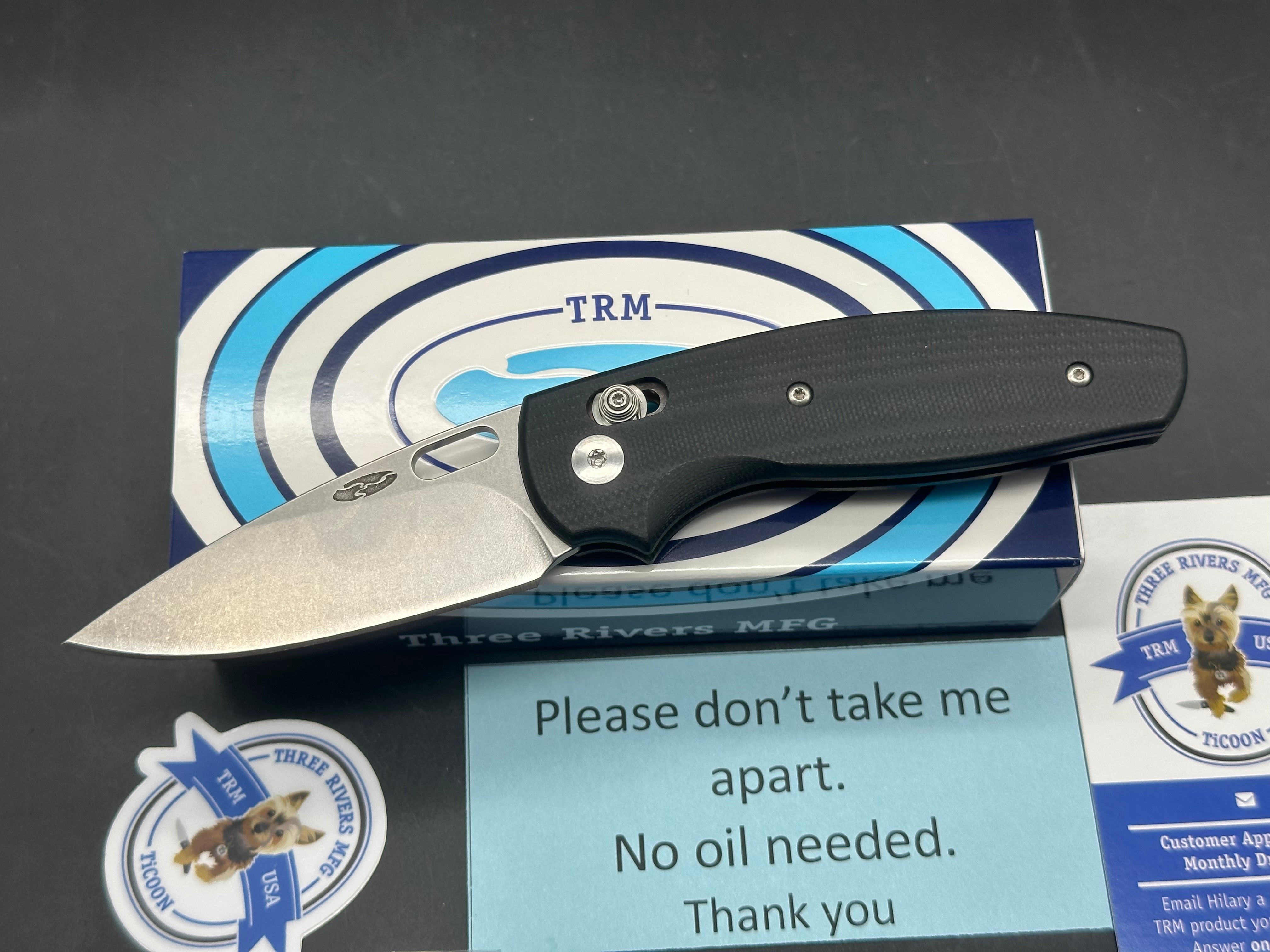 TRM - Three Rivers Mfg. Bulldog 2.95" CPM 20CV Stonewash Blade with Contoured Jet Black G10 Scales with Skiff Bearings installed