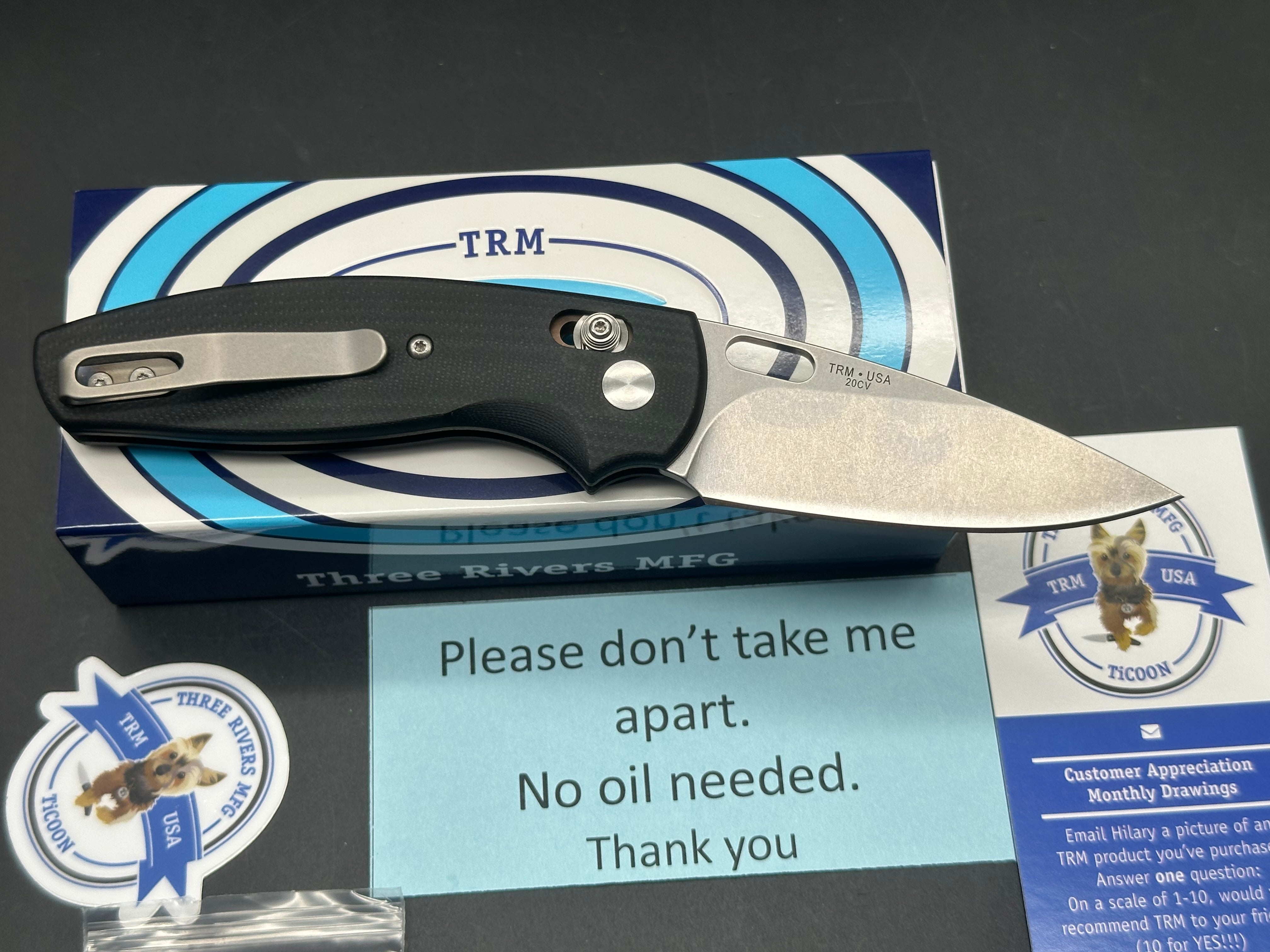 TRM - Three Rivers Mfg. Bulldog 2.95" CPM 20CV Stonewash Blade with Contoured Jet Black G10 Scales with Skiff Bearings installed