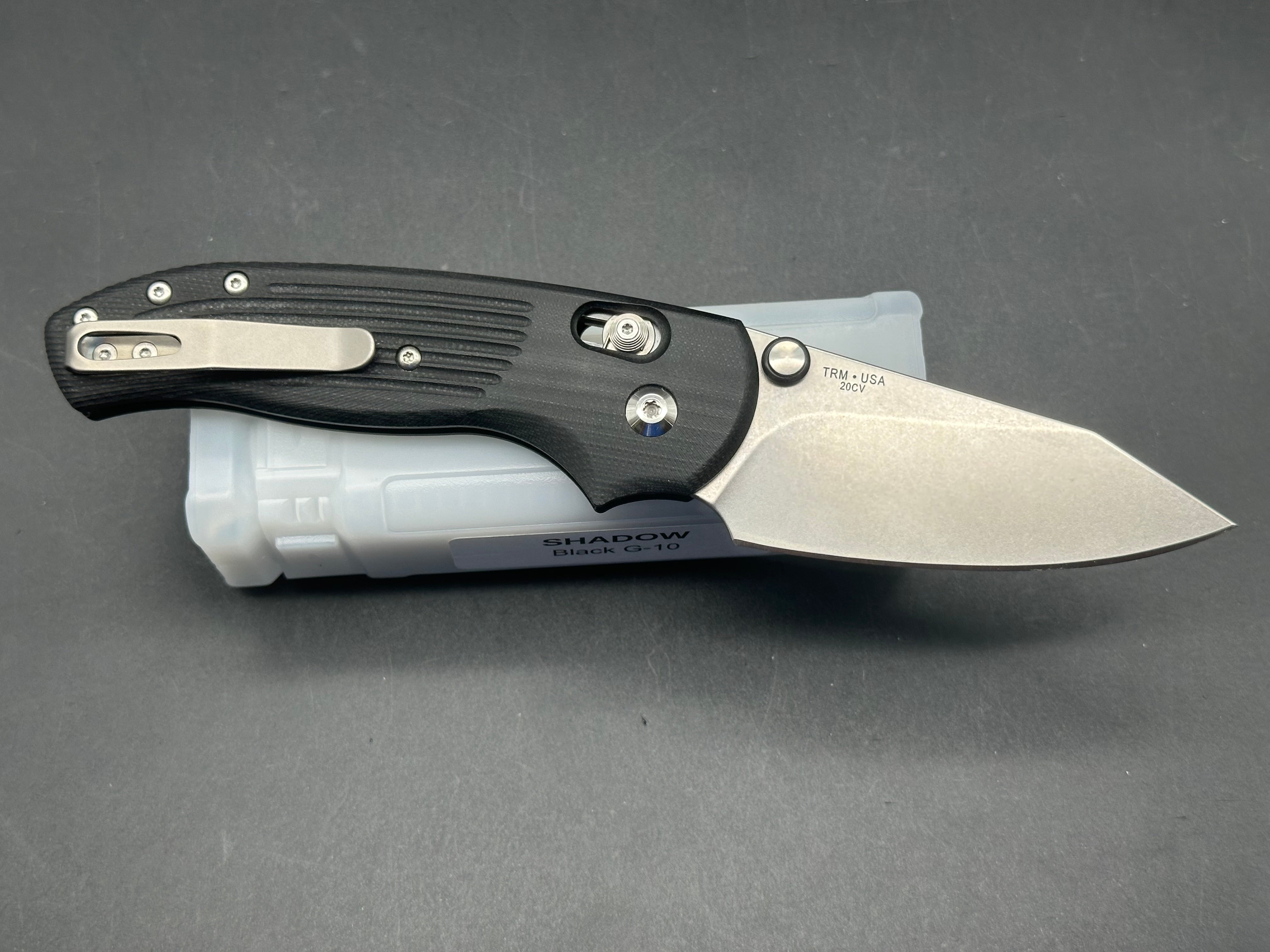 TRM - Three Rivers Mfg. Shadow 3.2" CPM 20CV Stonewash Blade with Milled Black G10 Scales