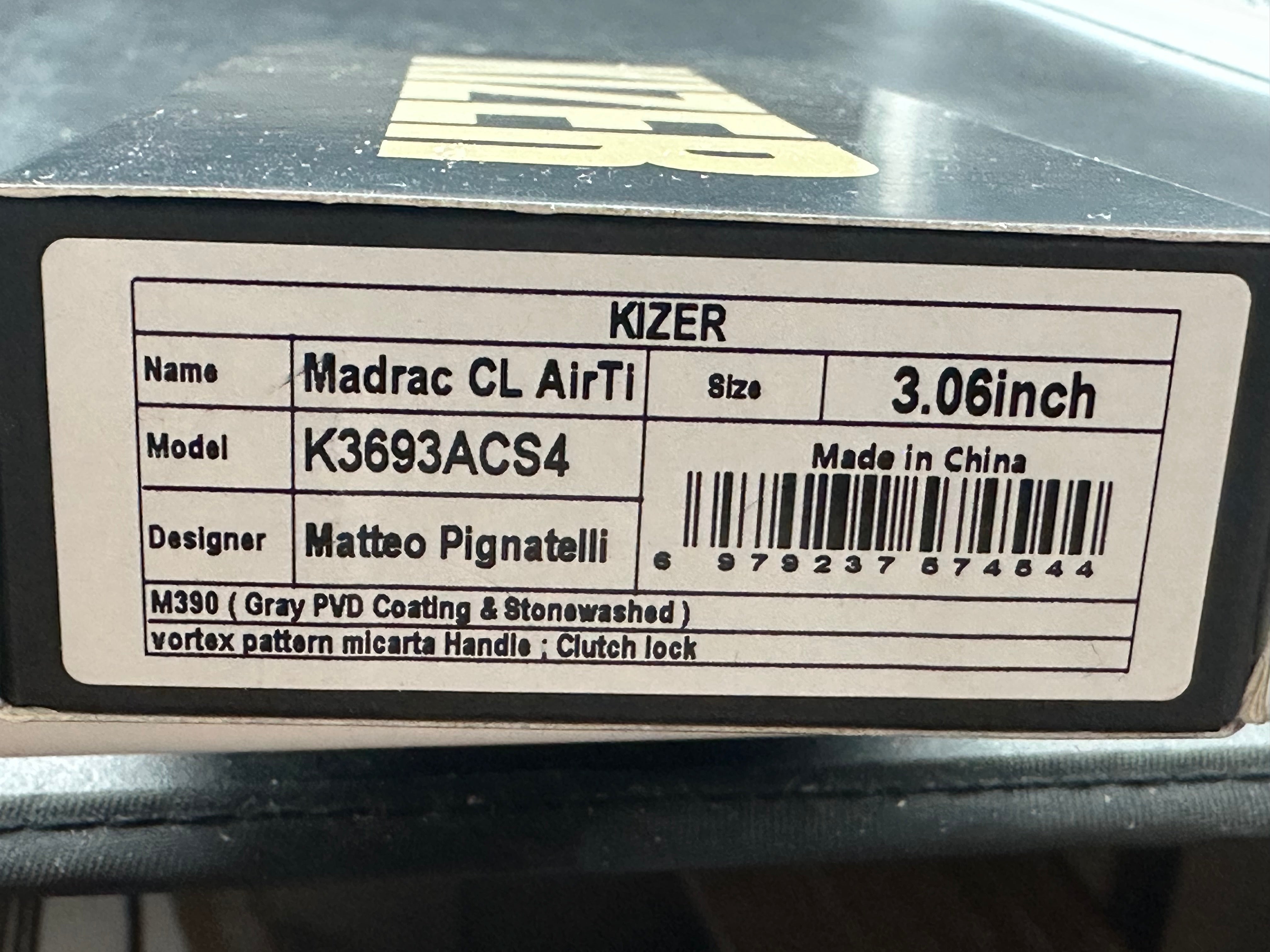 KIZER MADRAC CL AIRTI BLACK GRAY VORTEX PATTERN MICARTA HANDLE M390 SHEEPSFOOT
