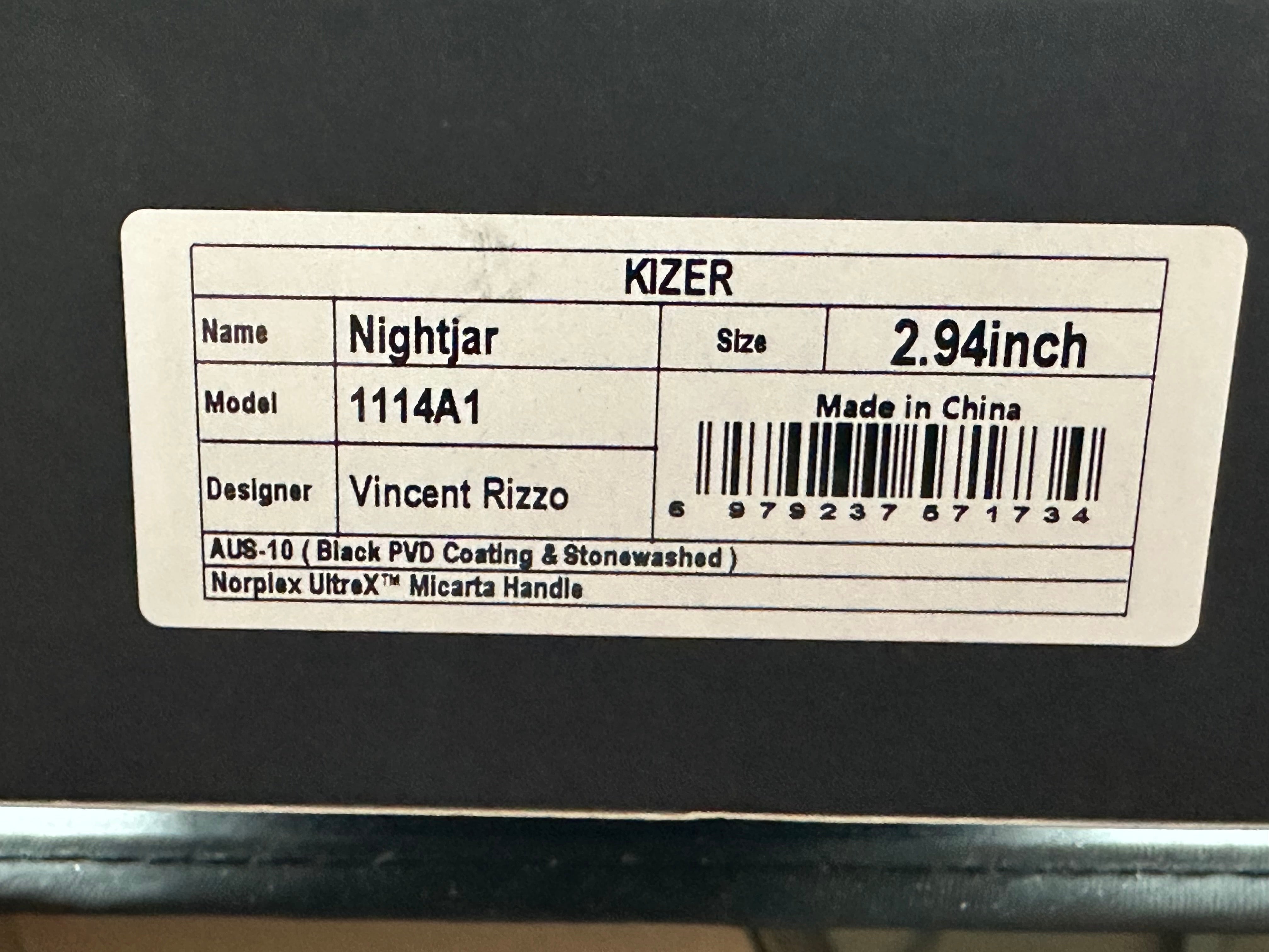 KIZER NIGHTJAR BLACK MICARTA HANDLE AUS-10 PLAIN EDGE BLACK PVD