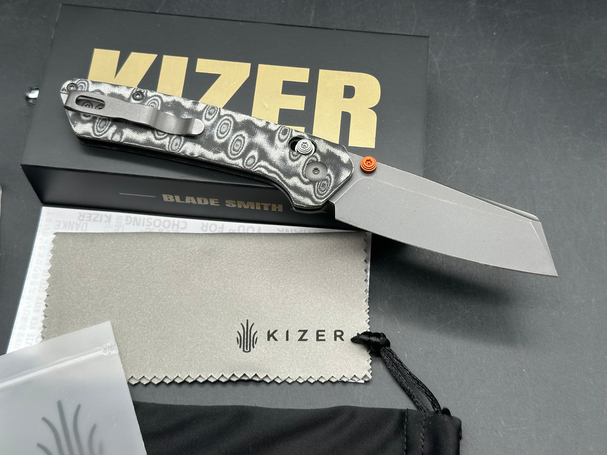 KIZER MADRAC CL AIRTI BLACK GRAY VORTEX PATTERN MICARTA HANDLE M390 SHEEPSFOOT