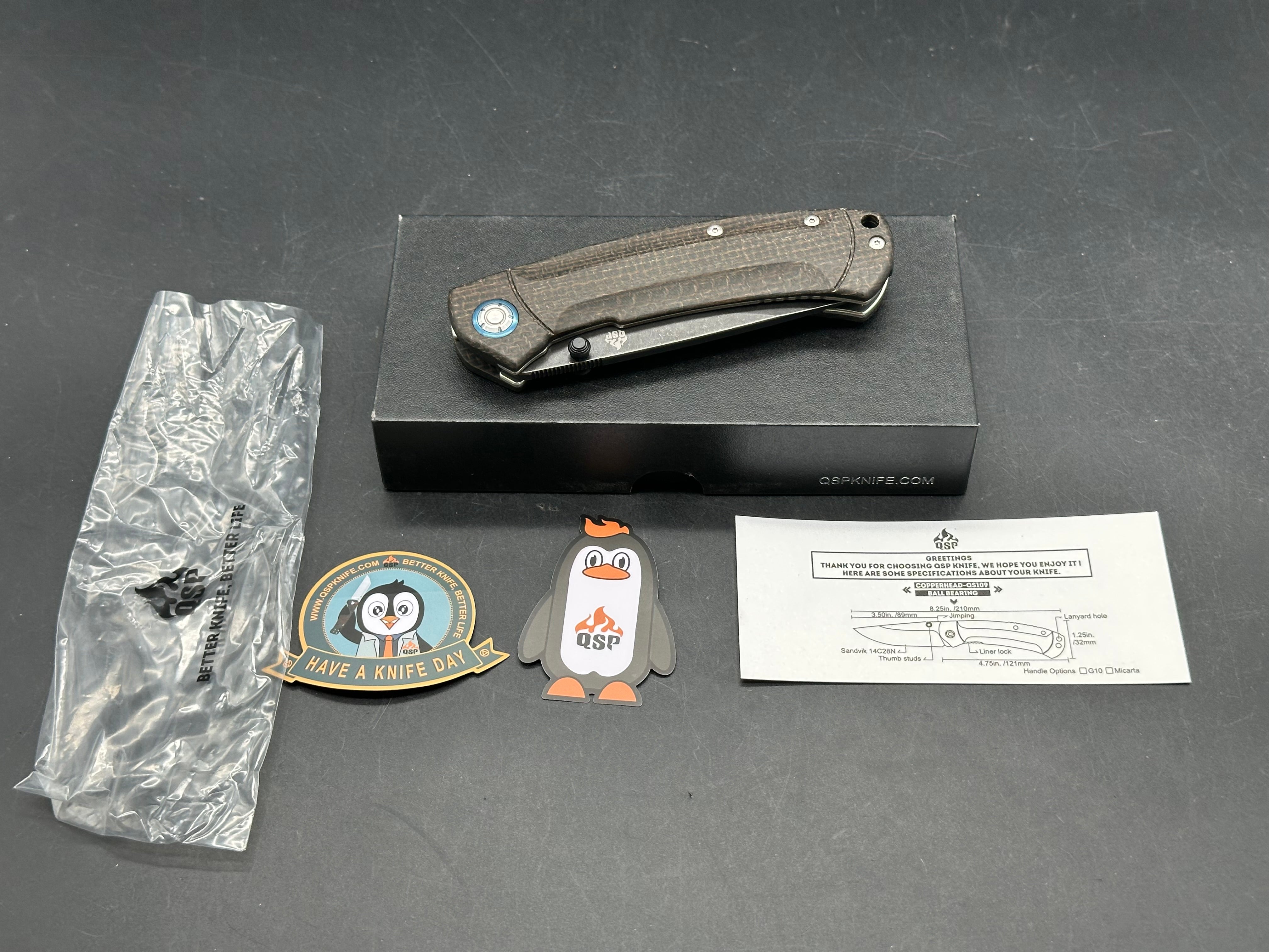 QSP COPPERHEAD FOLDING KNIFE BROWN MICARTA HANDLE 14C28N PLAIN EDGE