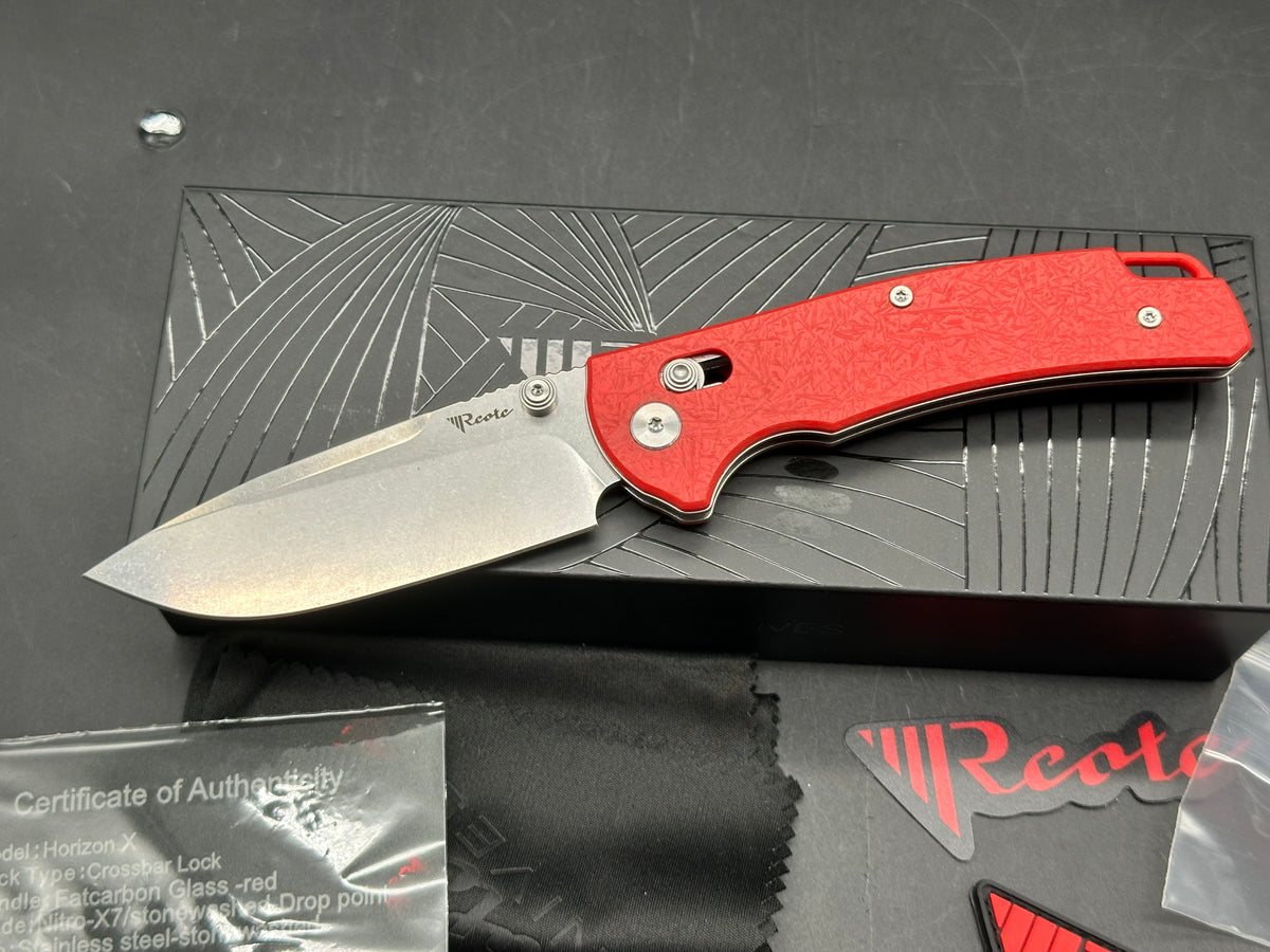 REATE HORIZON-X FOLDING KNIFE RED GLASS FATCARBON HANDLE NITRO-X7 DROP POINT