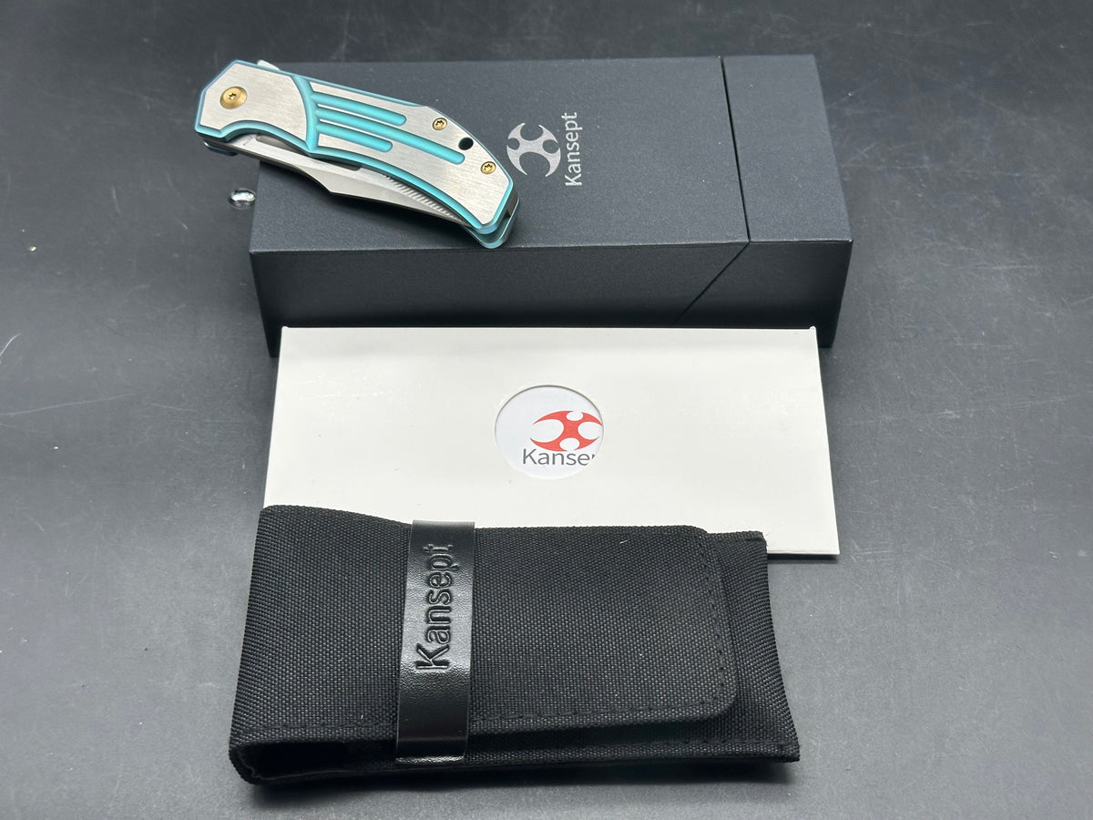 KANSEPT ORION GREEN/MACHINE SATIN TITANIUM HANDLE S35VN CLIP POINT
