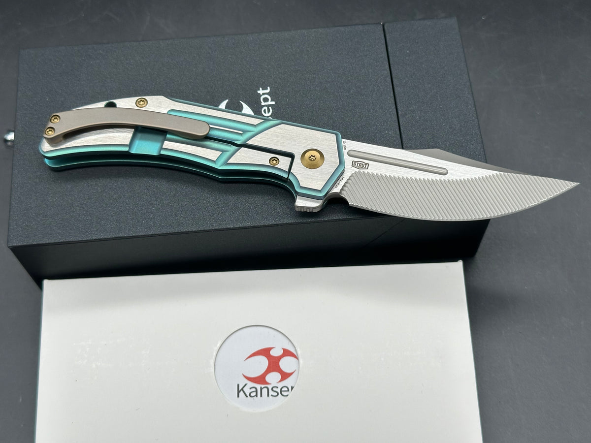 KANSEPT ORION GREEN/MACHINE SATIN TITANIUM HANDLE S35VN CLIP POINT