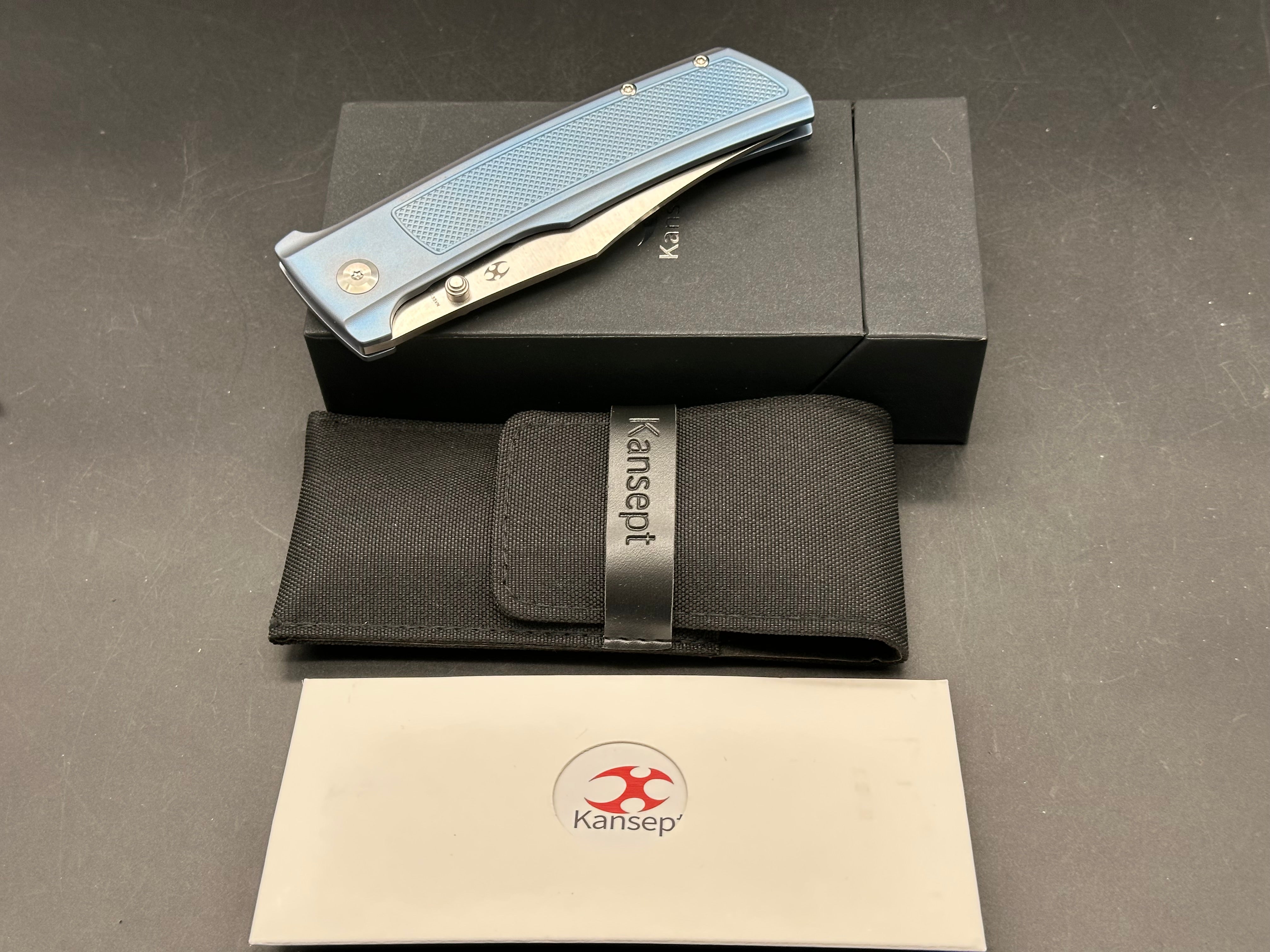 KANSEPT BISON FOLDING KNIFE BLUE TITANIUM HANDLE S35VN PLAIN EDGE SATIN FINISH