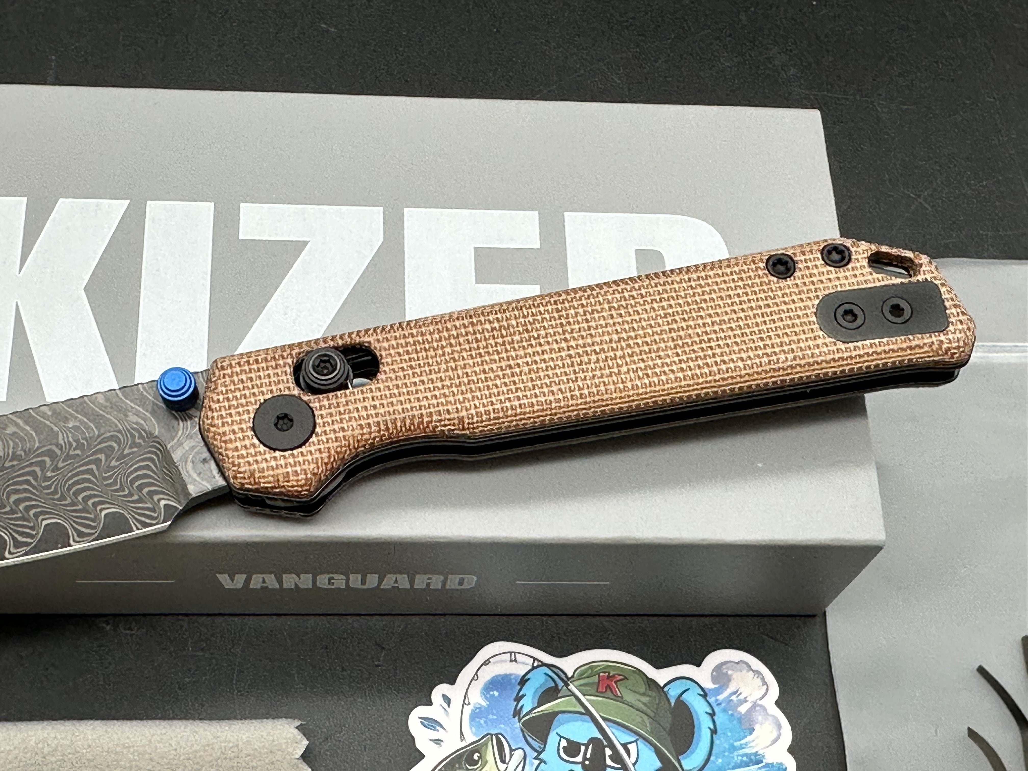 KIZER BEGLEITER 2.9 BROWN MICARTA HANDLE DAMASCUS ACID WASH FINISH