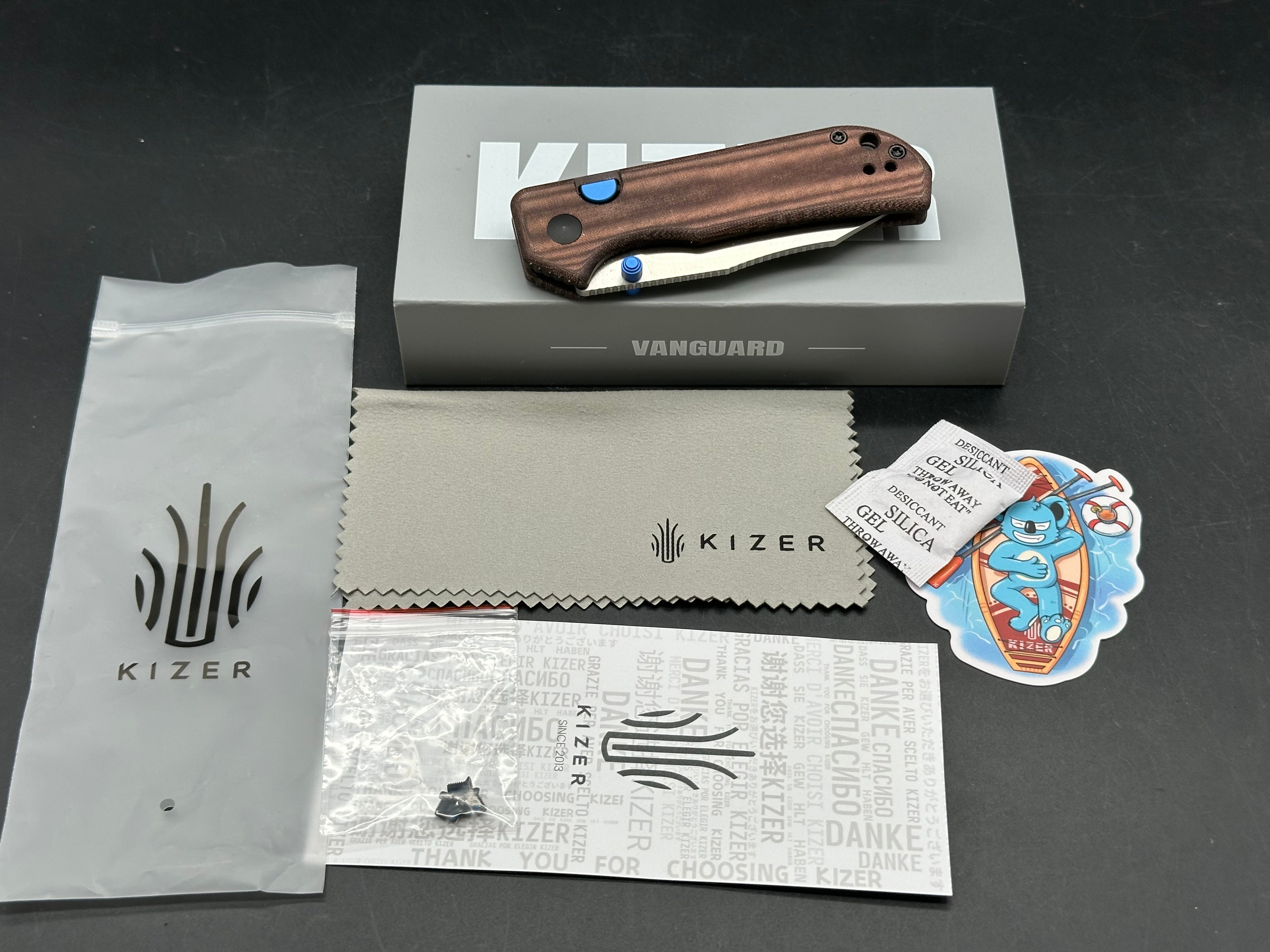 KIZER NICE GUY BROWN MADDER MICARTA HANDLE AEB-L CLIP POINT PLAIN EDGE