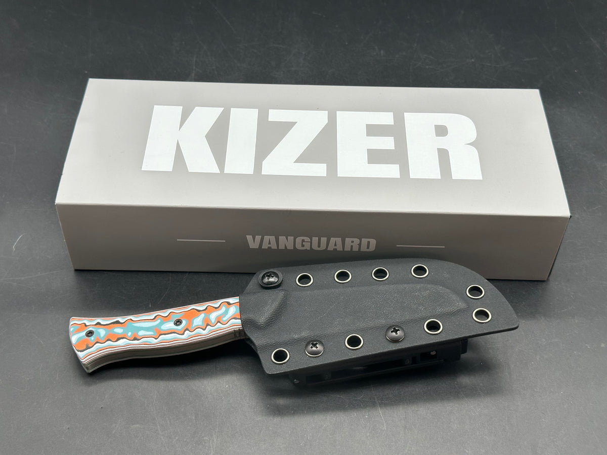 KIZER WHIP TAIL FIXED BLADE KNIFE COLOR VORTEX MICARTA/GID G10 HANDLE AEB-L SHEEPSFOOT