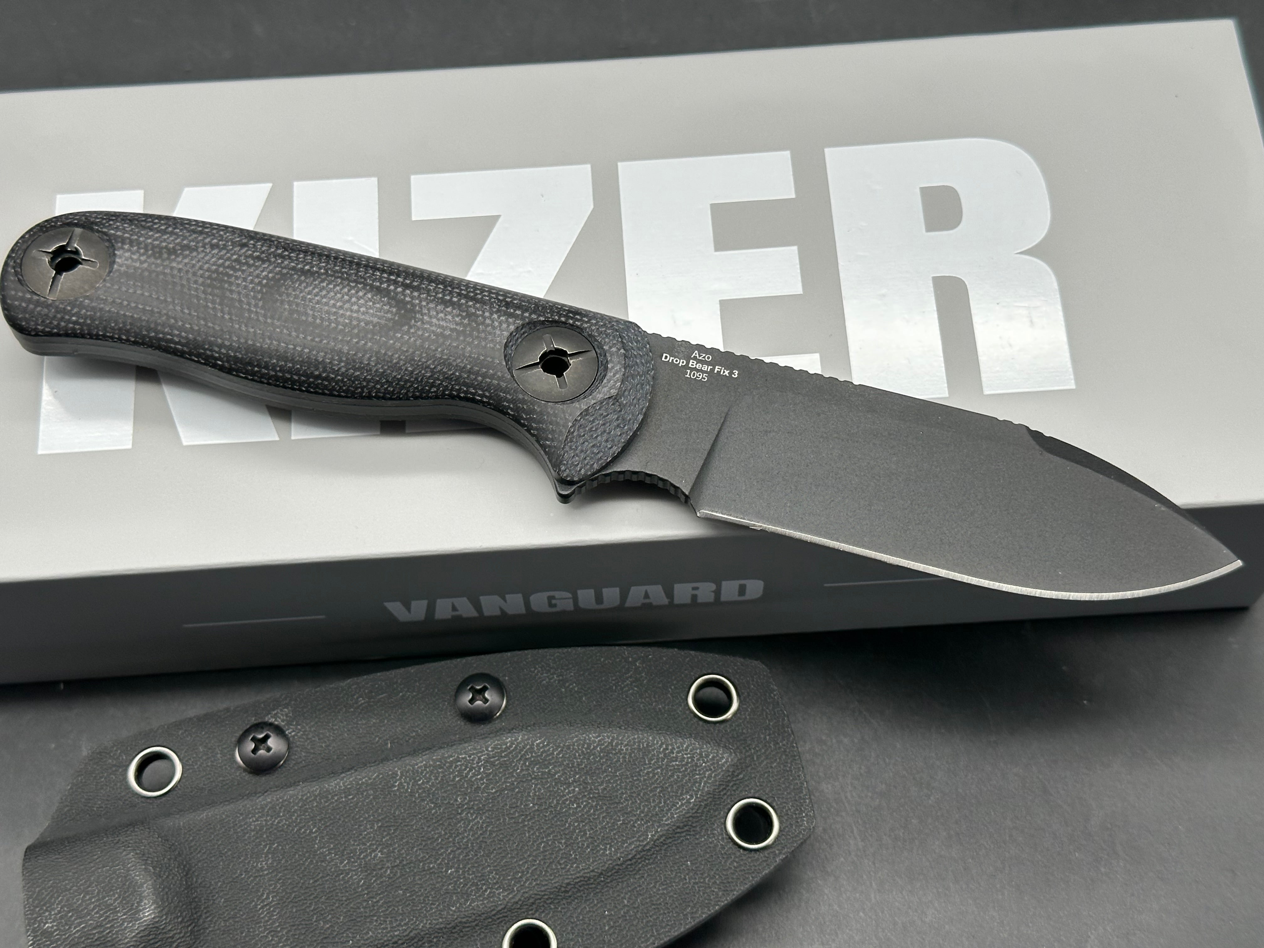 KIZER DROP BEAR FIX 3 FIXED BLADE KNIFE BLACK MICARTA HANDLE 1095 DROP POINT PLAIN BLACK BLADE