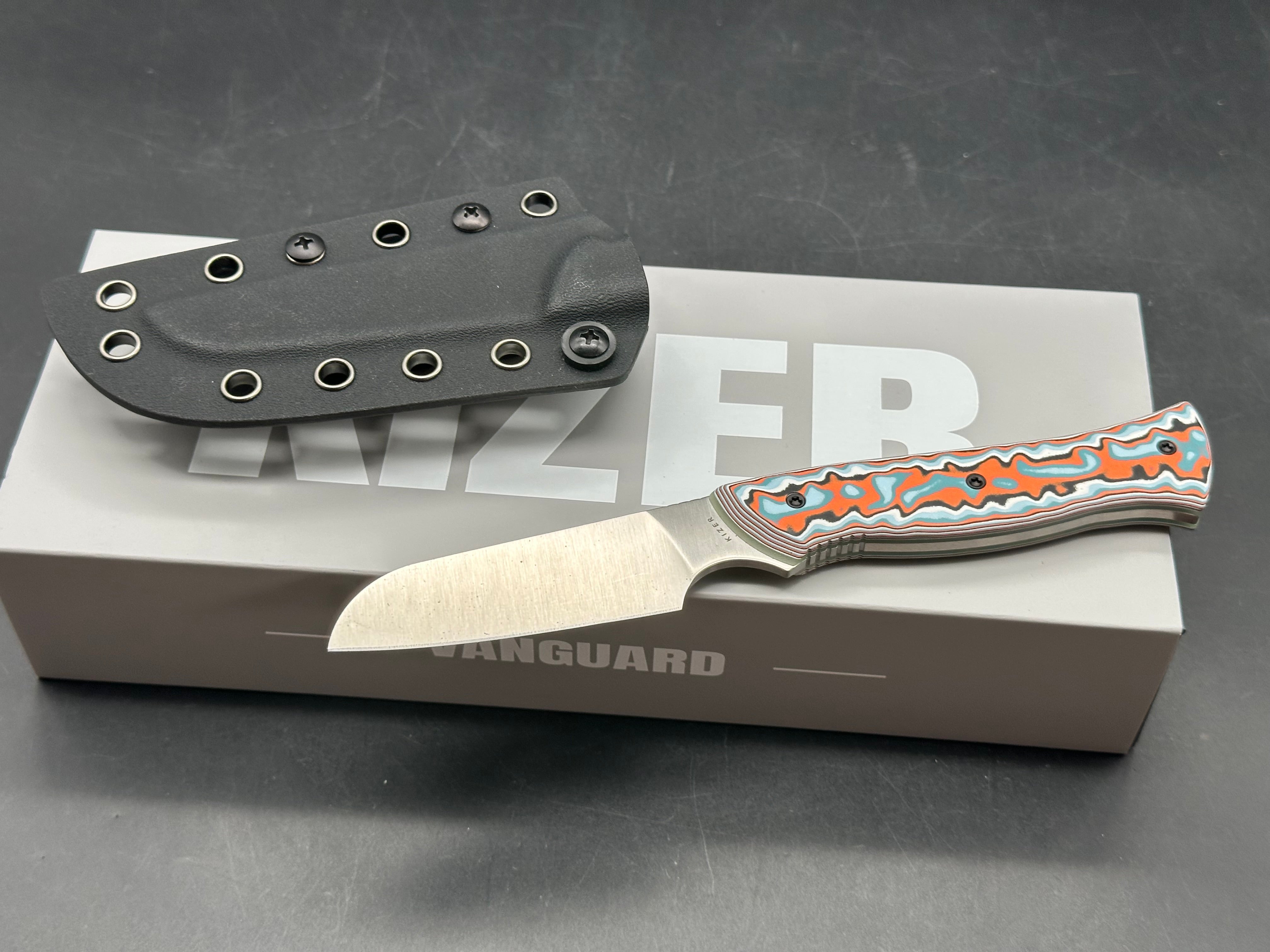 KIZER WHIP TAIL FIXED BLADE KNIFE COLOR VORTEX MICARTA/GID G10 HANDLE AEB-L SHEEPSFOOT