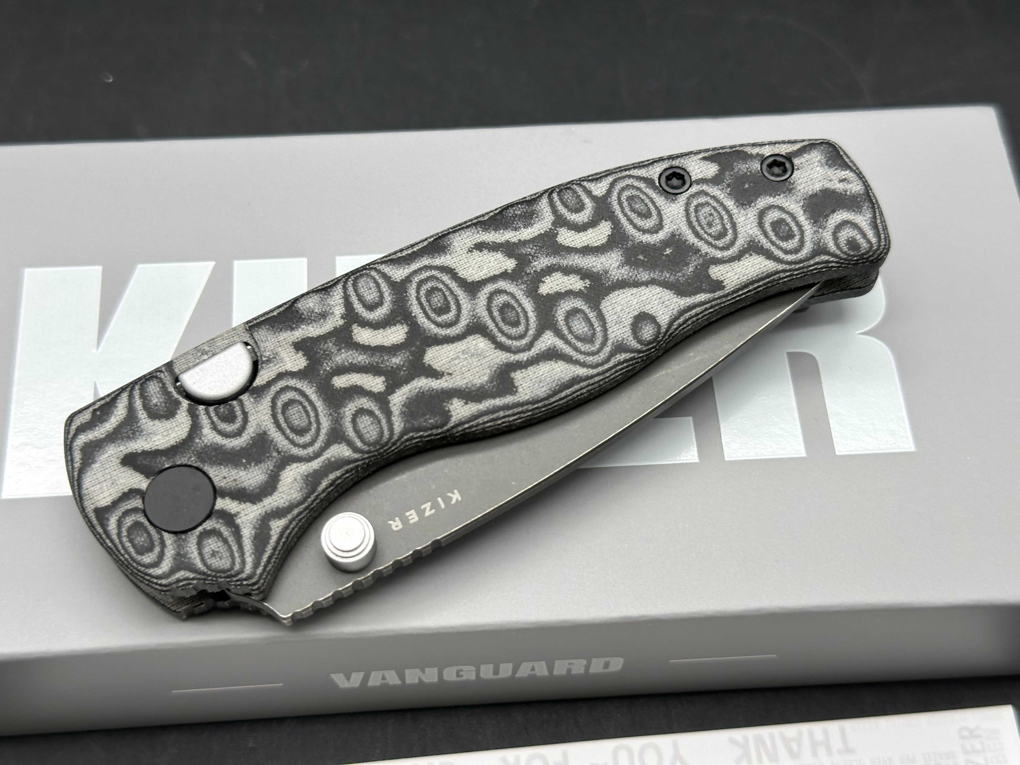 KIZER GLAUX FOLDING KNIFE BLACK VORTEX PATTERN MICARTA HANDLE 14C28N DROP POINT PLAIN EDGE GRAY PVD/STONEWASH FINISH
