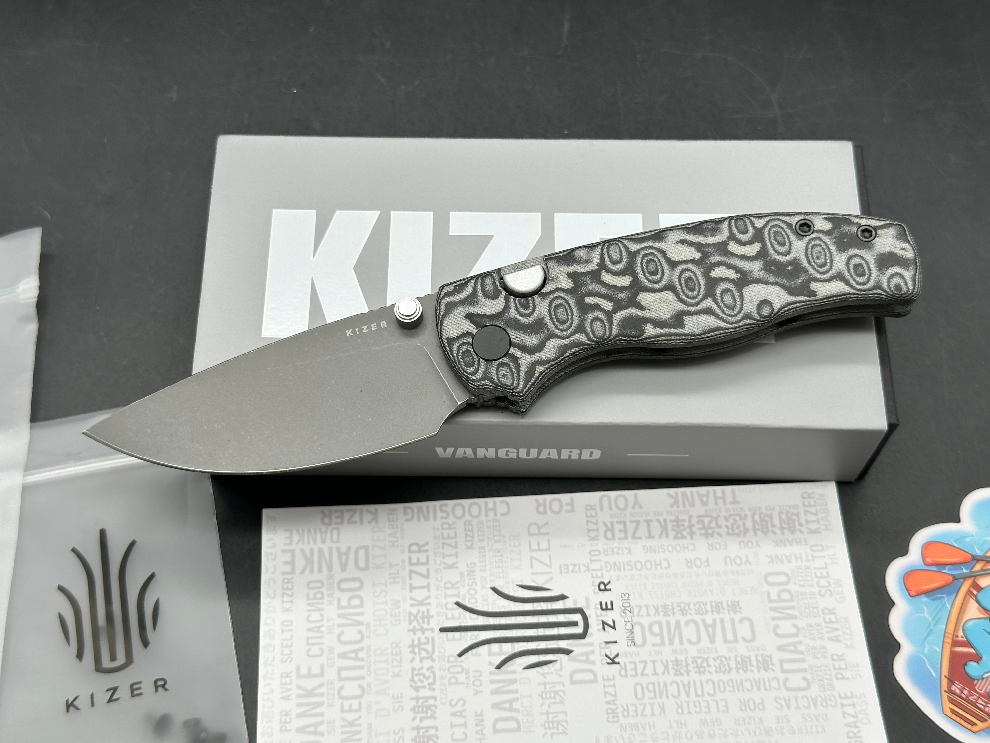 KIZER GLAUX FOLDING KNIFE BLACK VORTEX PATTERN MICARTA HANDLE 14C28N DROP POINT PLAIN EDGE GRAY PVD/STONEWASH FINISH