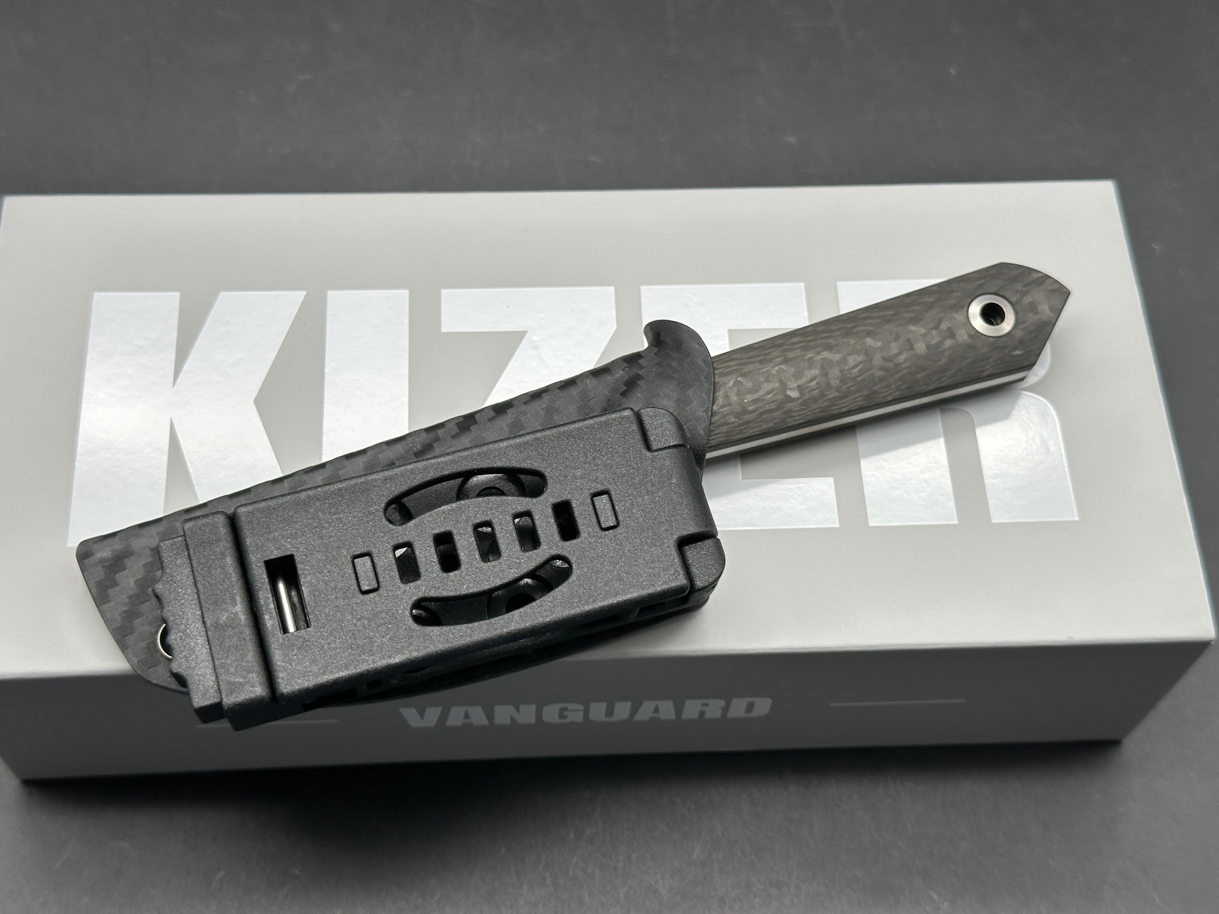 KIZER MINI HARPOON FIXED BLADE KNIFE BLACK CARBON FIBER HANDLE M390 DROP POINT PLAIN EDGE SATIN FINISH