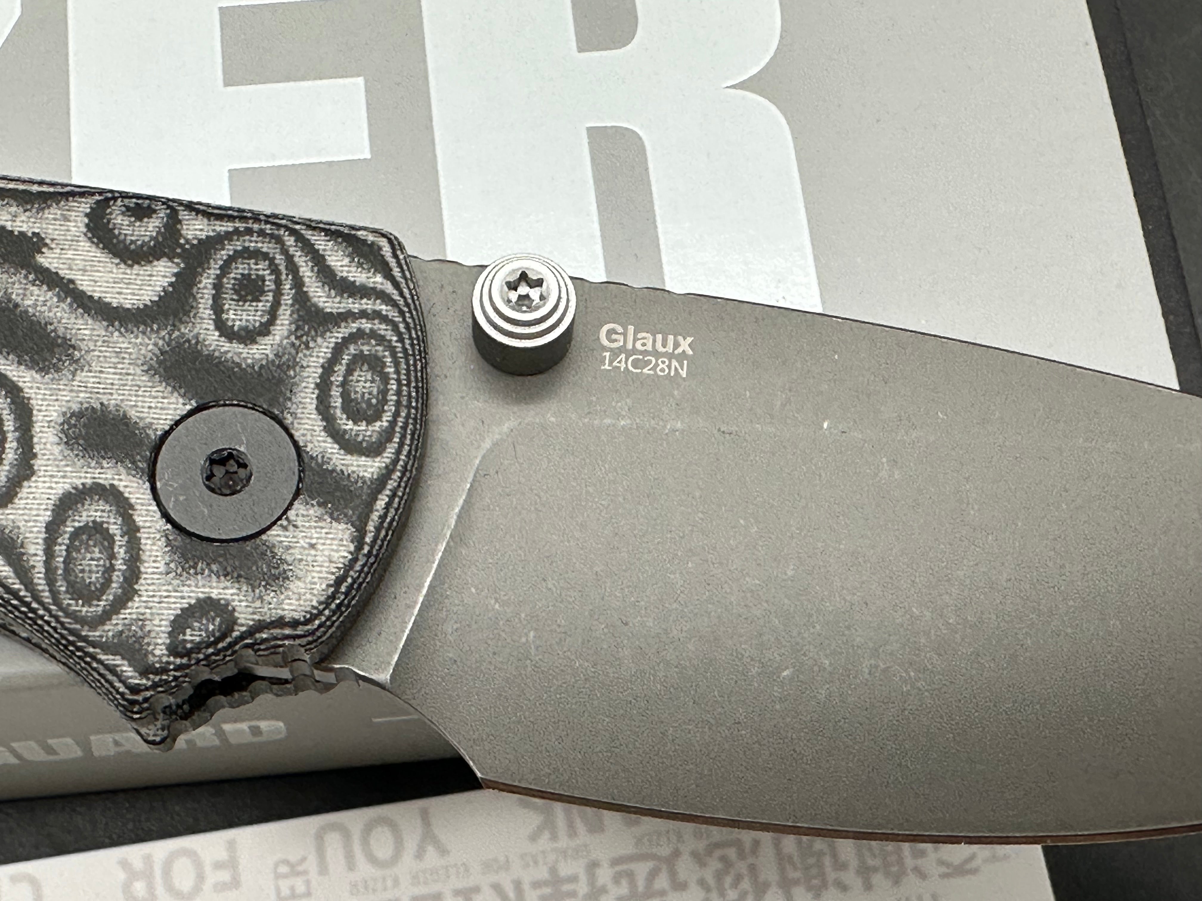 KIZER GLAUX FOLDING KNIFE BLACK VORTEX PATTERN MICARTA HANDLE 14C28N DROP POINT PLAIN EDGE GRAY PVD/STONEWASH FINISH