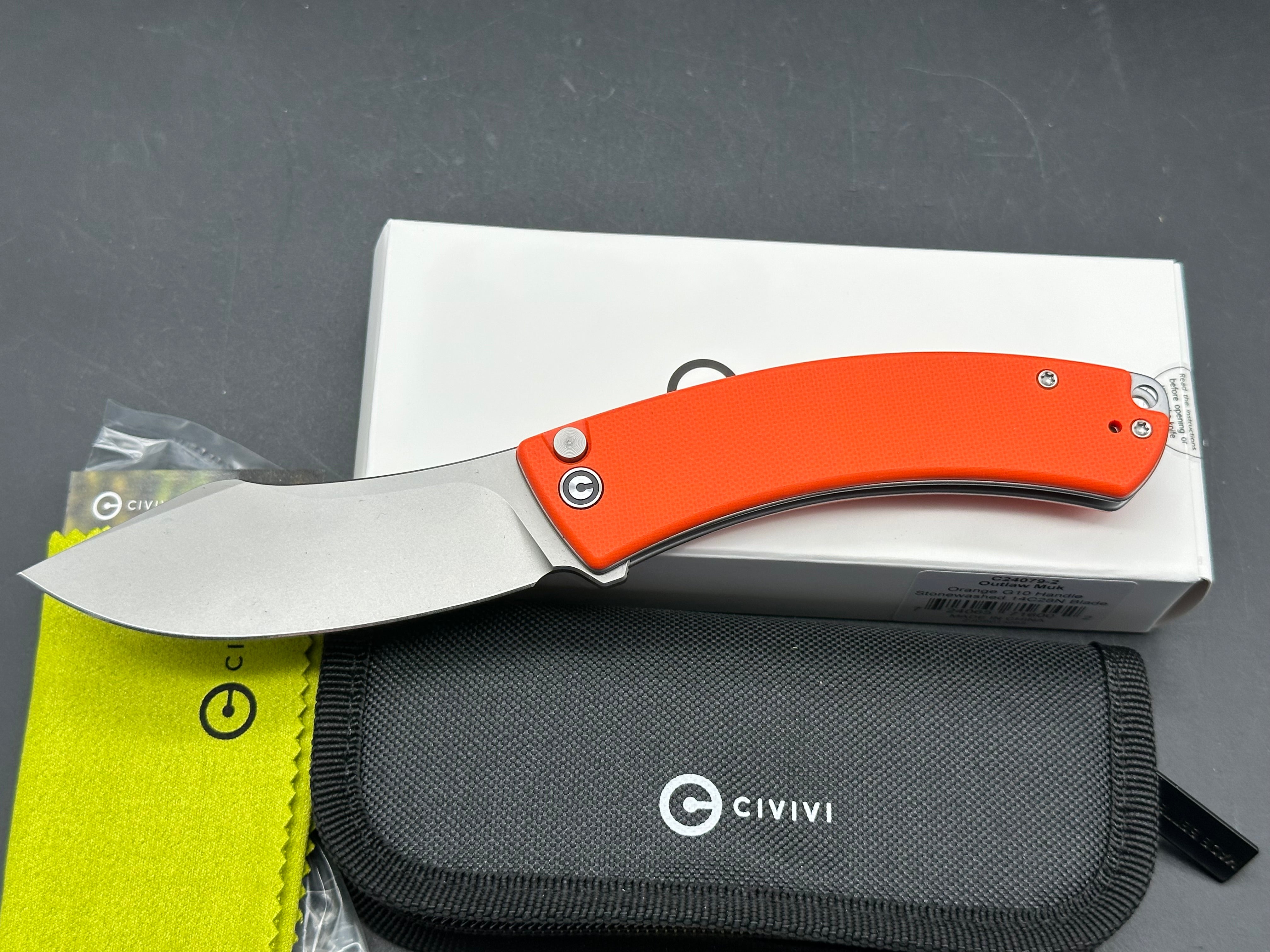 CIVIVI OUTLAW MUK FOLDING KNIFE ORANGE G10 HANDLE 14C28N PLAIN EDGE STONEWASH FINISH