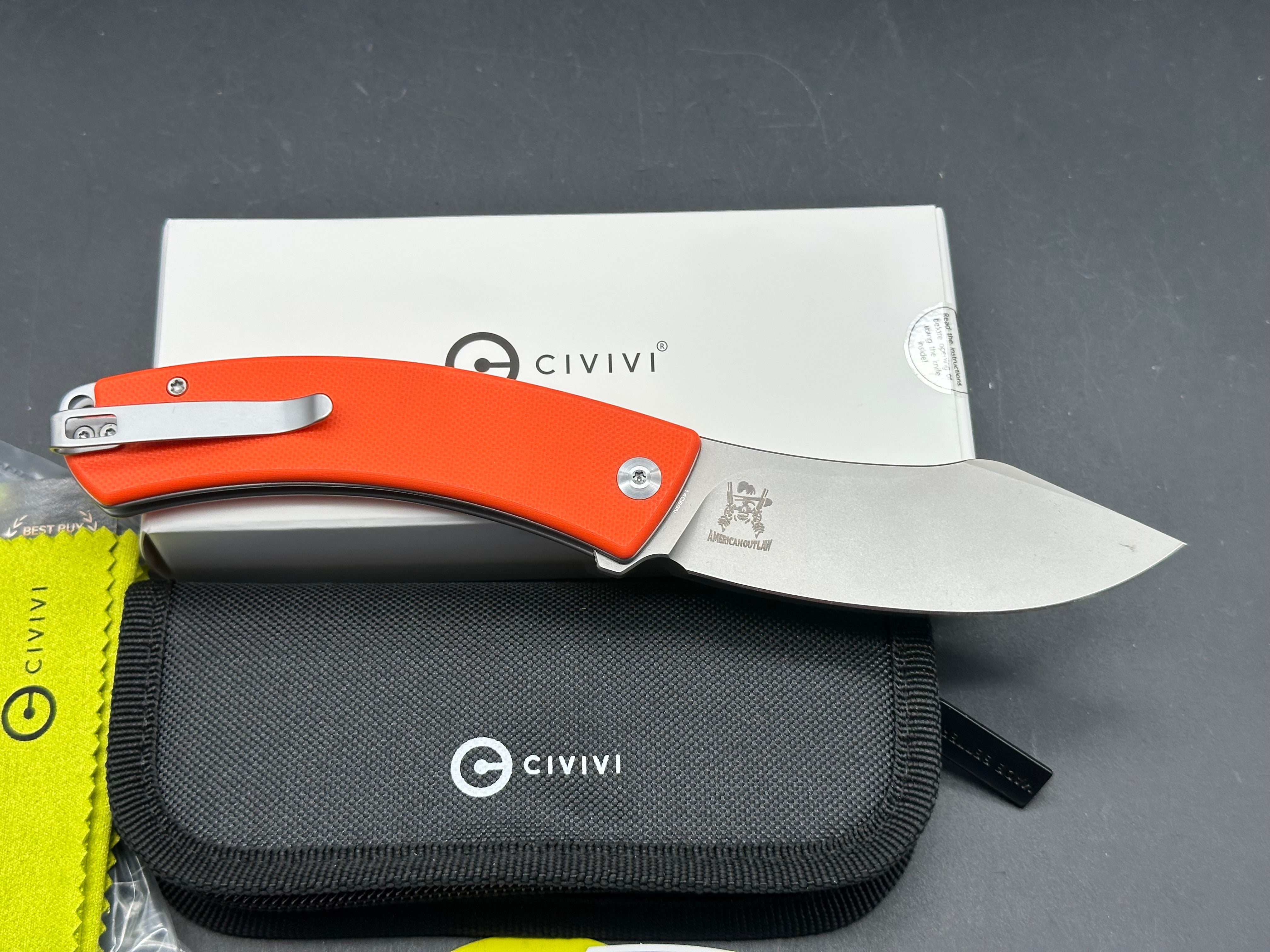 CIVIVI OUTLAW MUK FOLDING KNIFE ORANGE G10 HANDLE 14C28N PLAIN EDGE STONEWASH FINISH