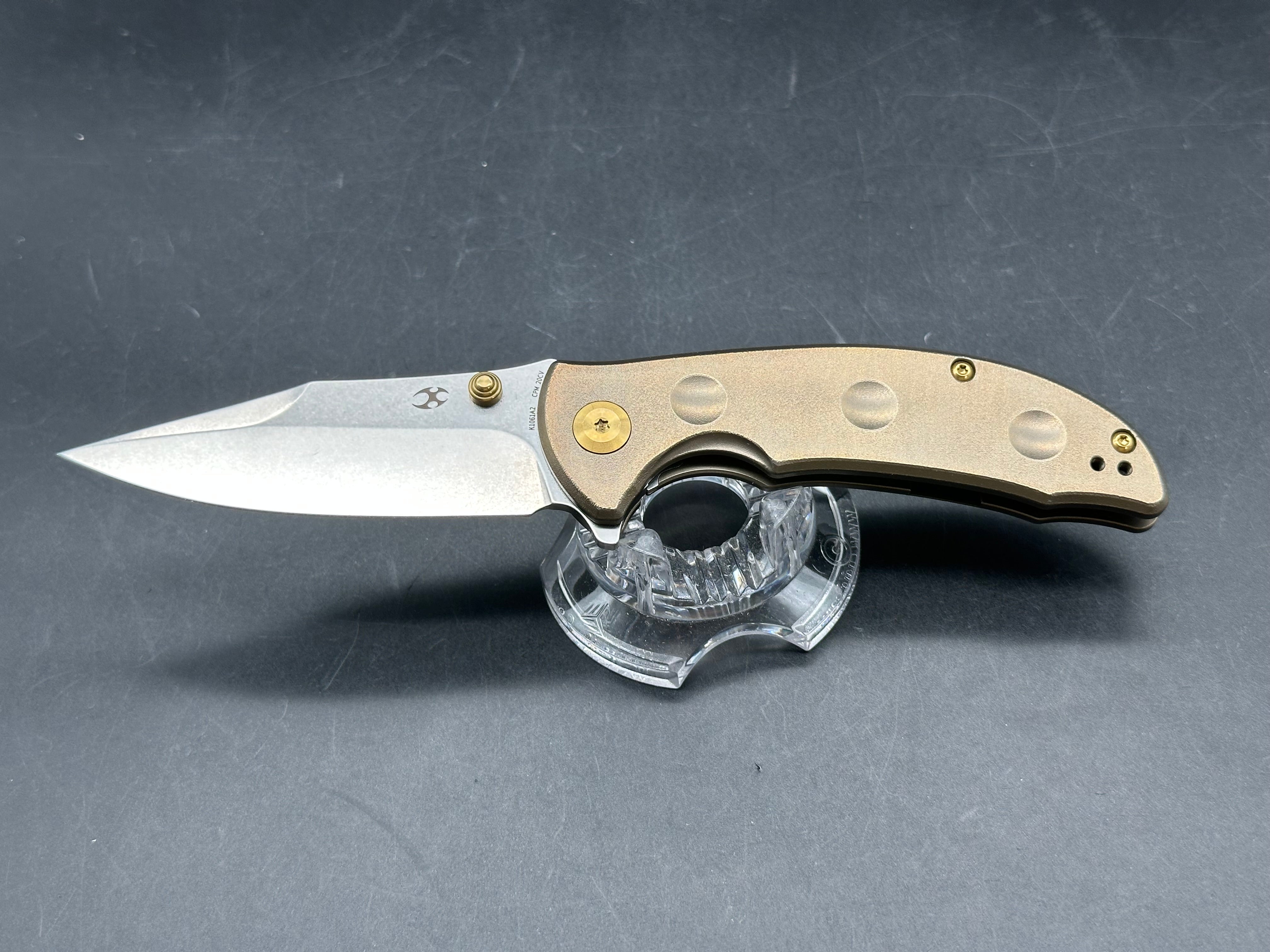 KANSEPT REI FOLDING KNIFE ORANGE PEEL BRONZE TITANIUM HANDLE 20CV PLAIN EDGE STONEWASH FINISH