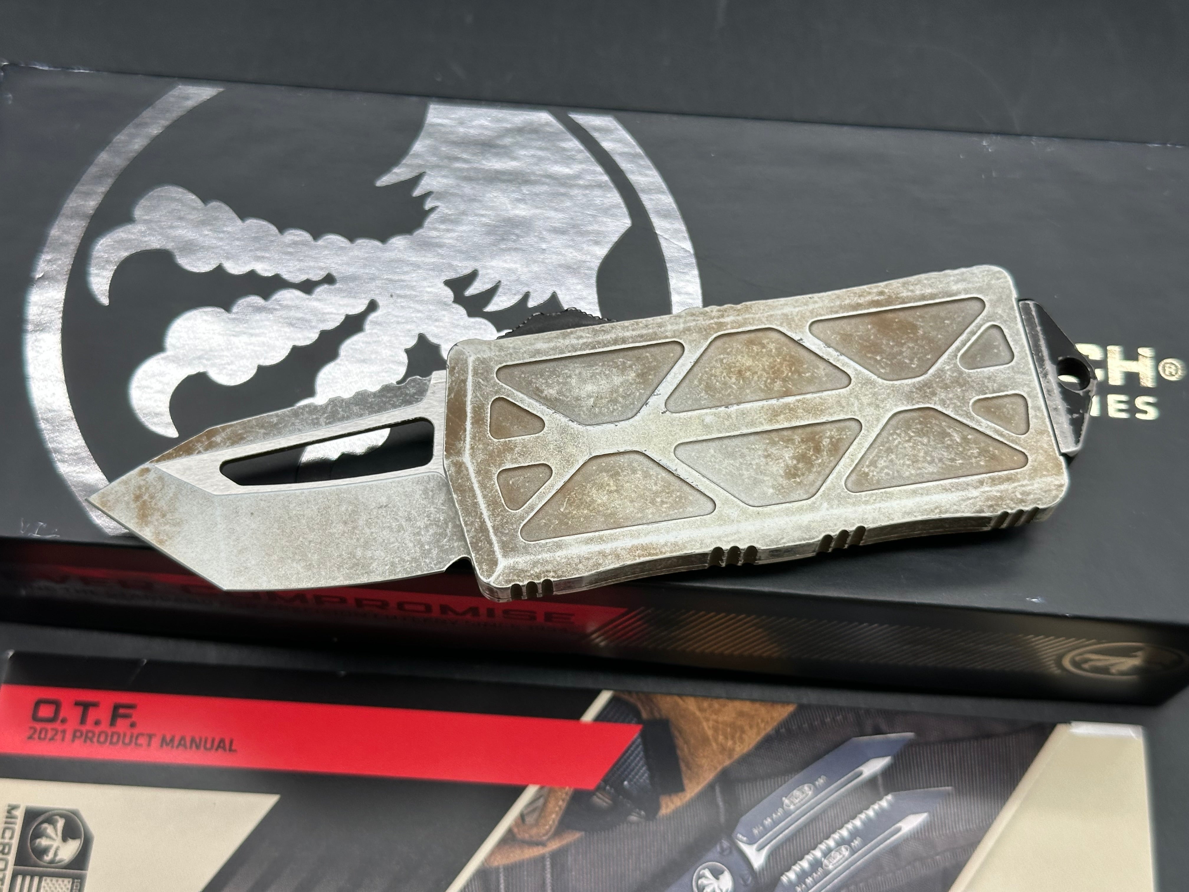 Microtech Exocet Sandtrooper Signature Series T/E OTF Auto - Distressed White Tanto