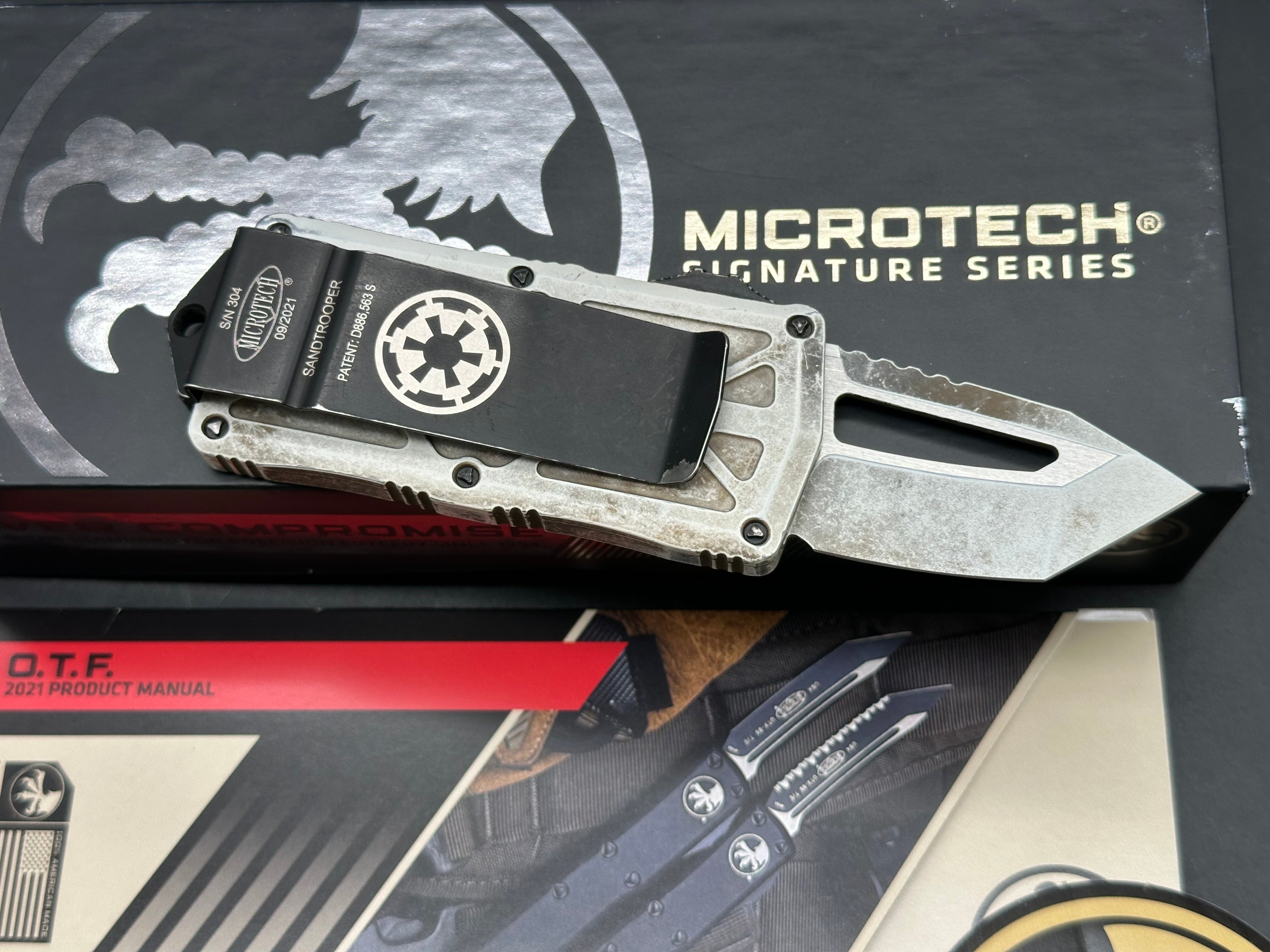 Microtech Exocet Sandtrooper Signature Series T/E OTF Auto - Distressed White Tanto