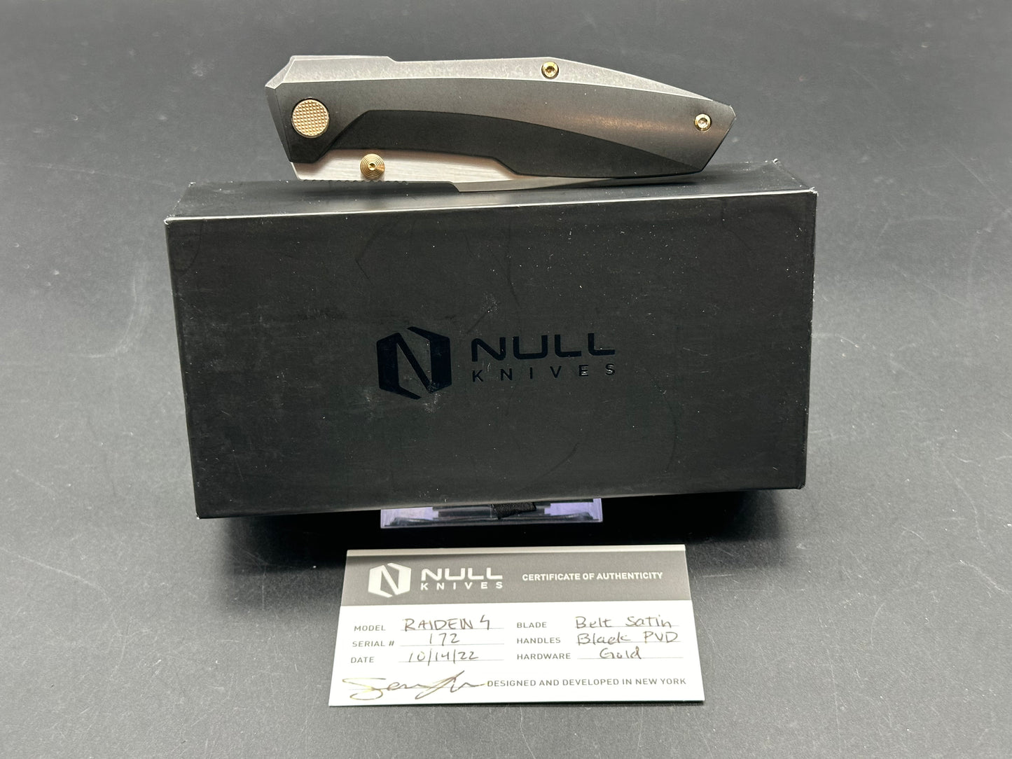 Null Knives Raiden/Black TI Handle Gold Hardware/Drop Point/Satin Bohler M390