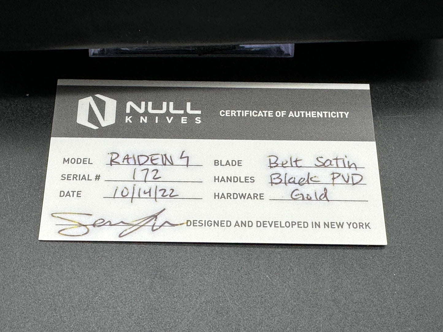 Null Knives Raiden/Black TI Handle Gold Hardware/Drop Point/Satin Bohler M390