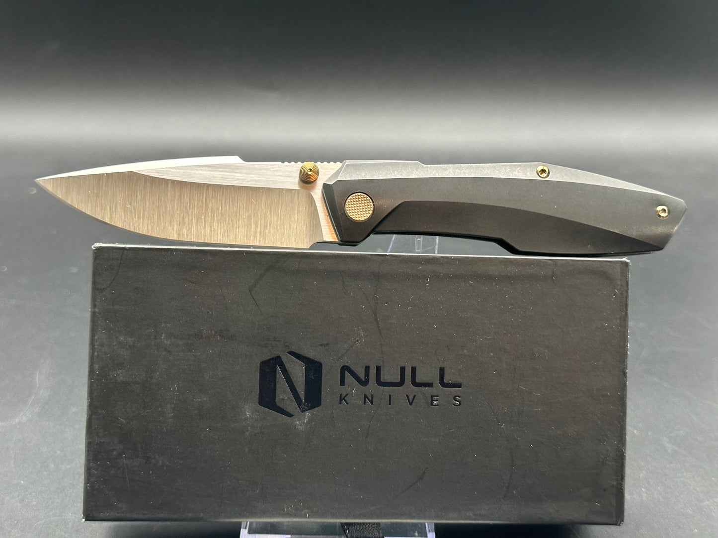 Null Knives Raiden/Black TI Handle Gold Hardware/Drop Point/Satin Bohler M390