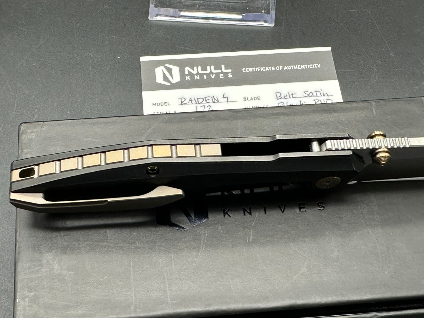 Null Knives Raiden/Black TI Handle Gold Hardware/Drop Point/Satin Bohler M390