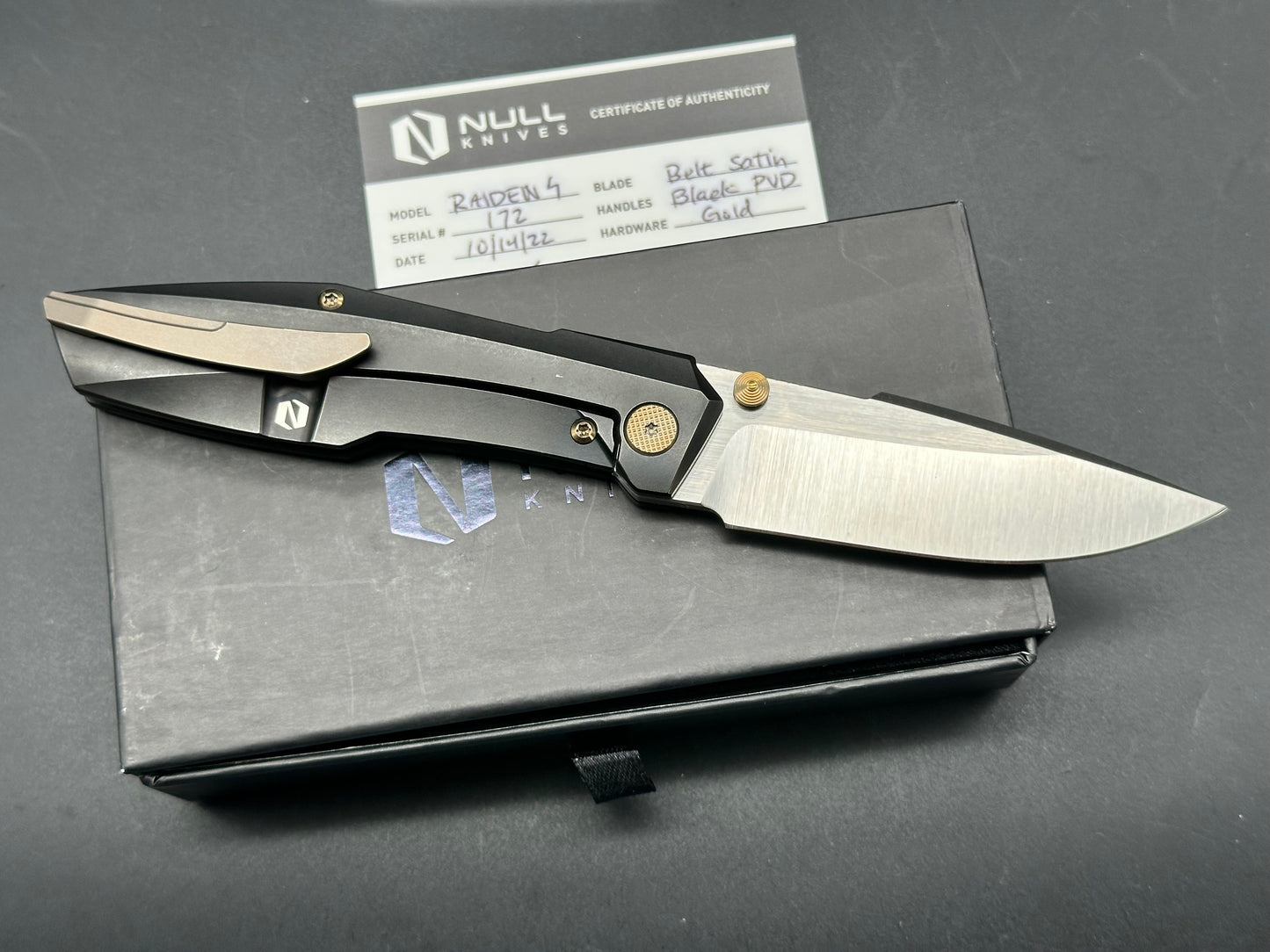 Null Knives Raiden/Black TI Handle Gold Hardware/Drop Point/Satin Bohler M390