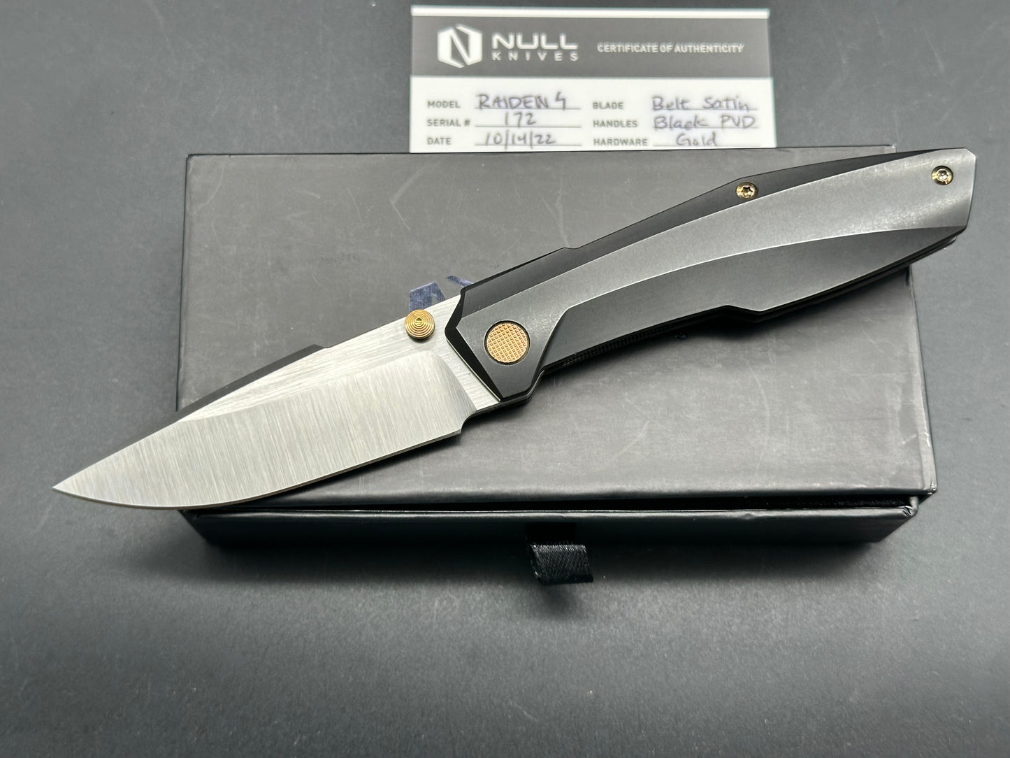 Null Knives Raiden/Black TI Handle Gold Hardware/Drop Point/Satin Bohler M390