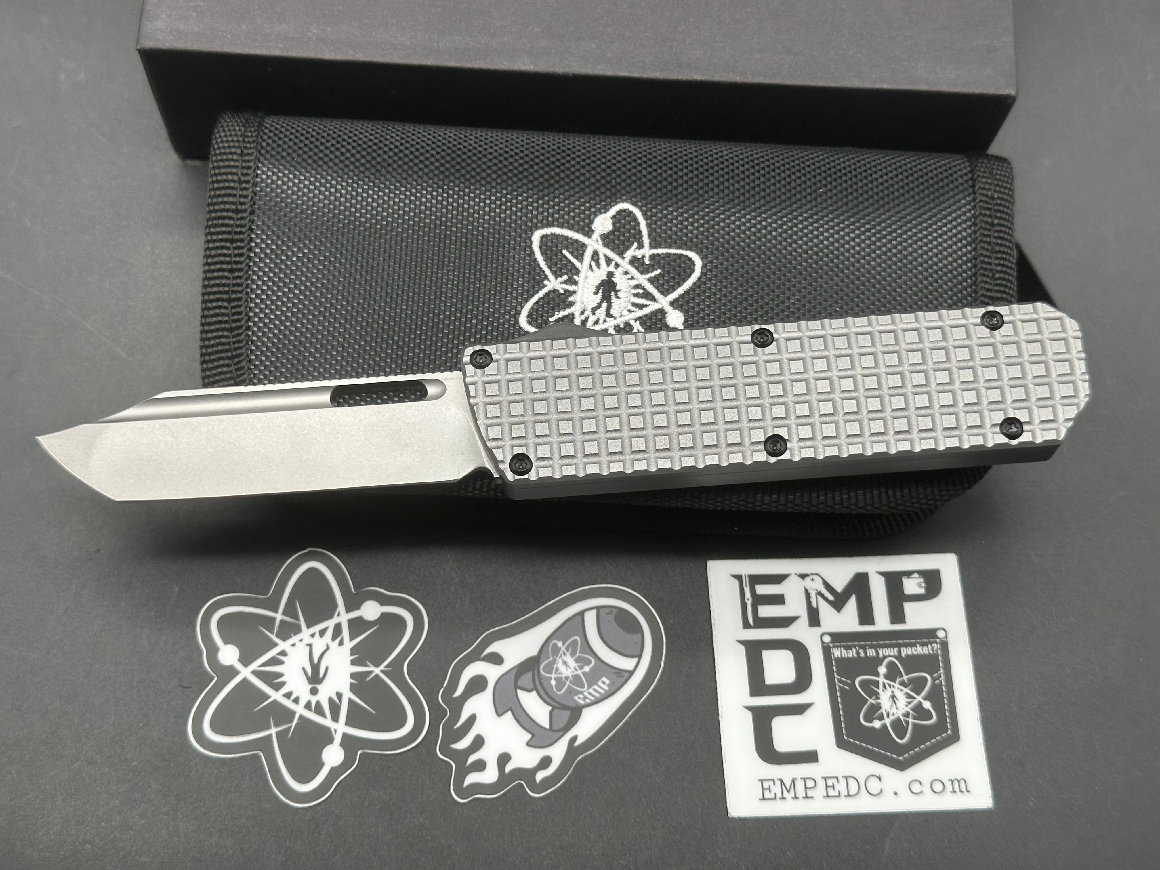 EMP EDC Bowie Pulse OTF, Stonewashed MagnaCut Blade, Milled Grey Aluminum Handles