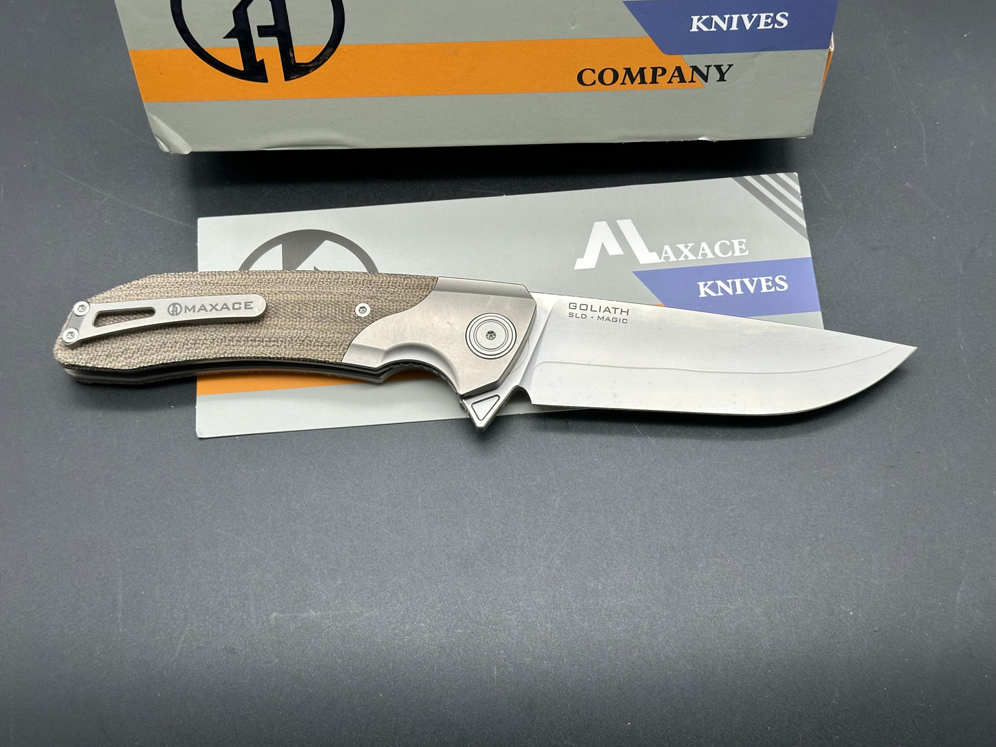 Maxace Goliath 3.0/Gray Ti Brown Micarta Handle Milled Ti Pocket Clip SLD Magic Blade