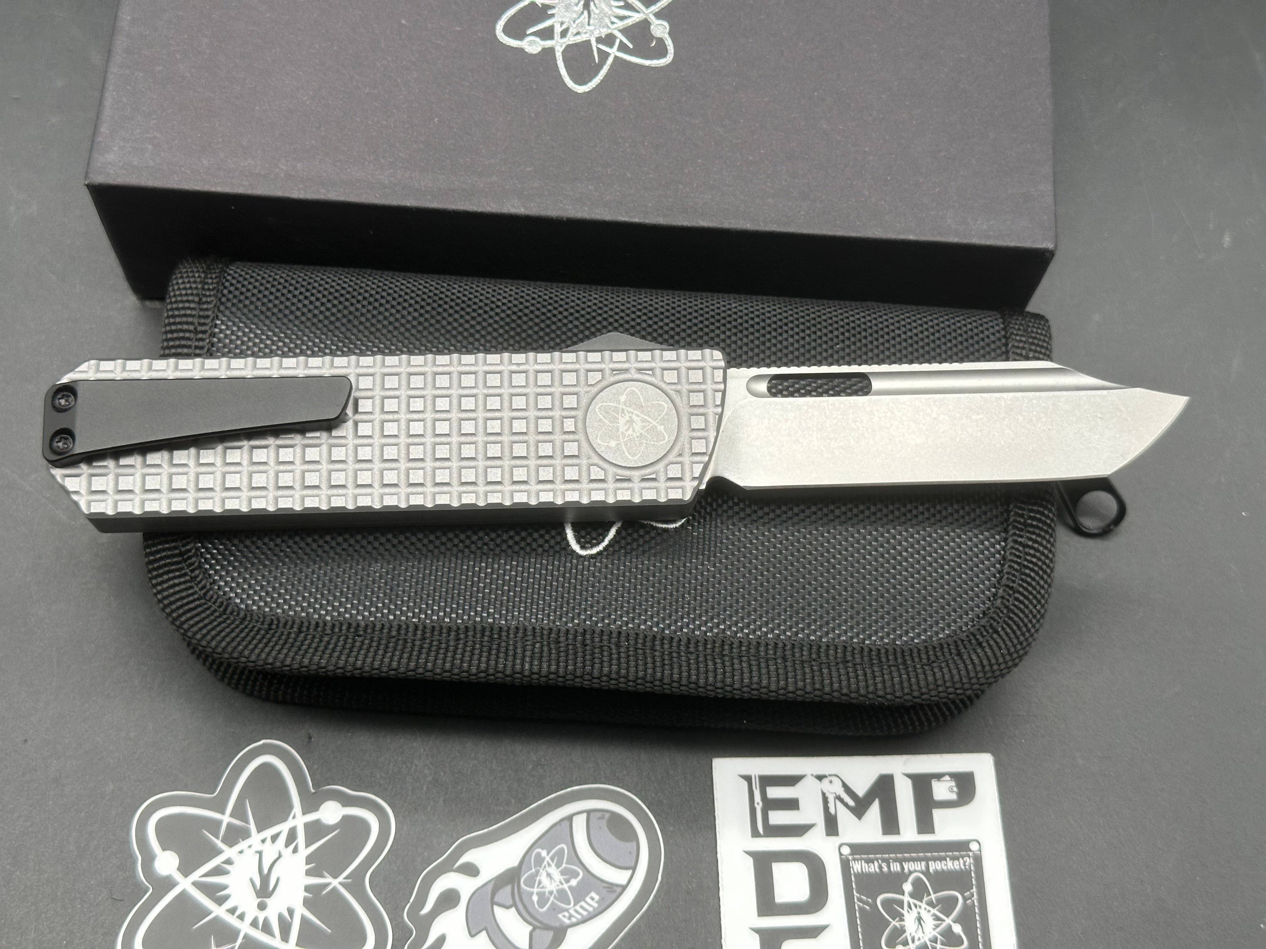 EMP EDC Bowie Pulse OTF, Stonewashed MagnaCut Blade, Milled Grey Aluminum Handles
