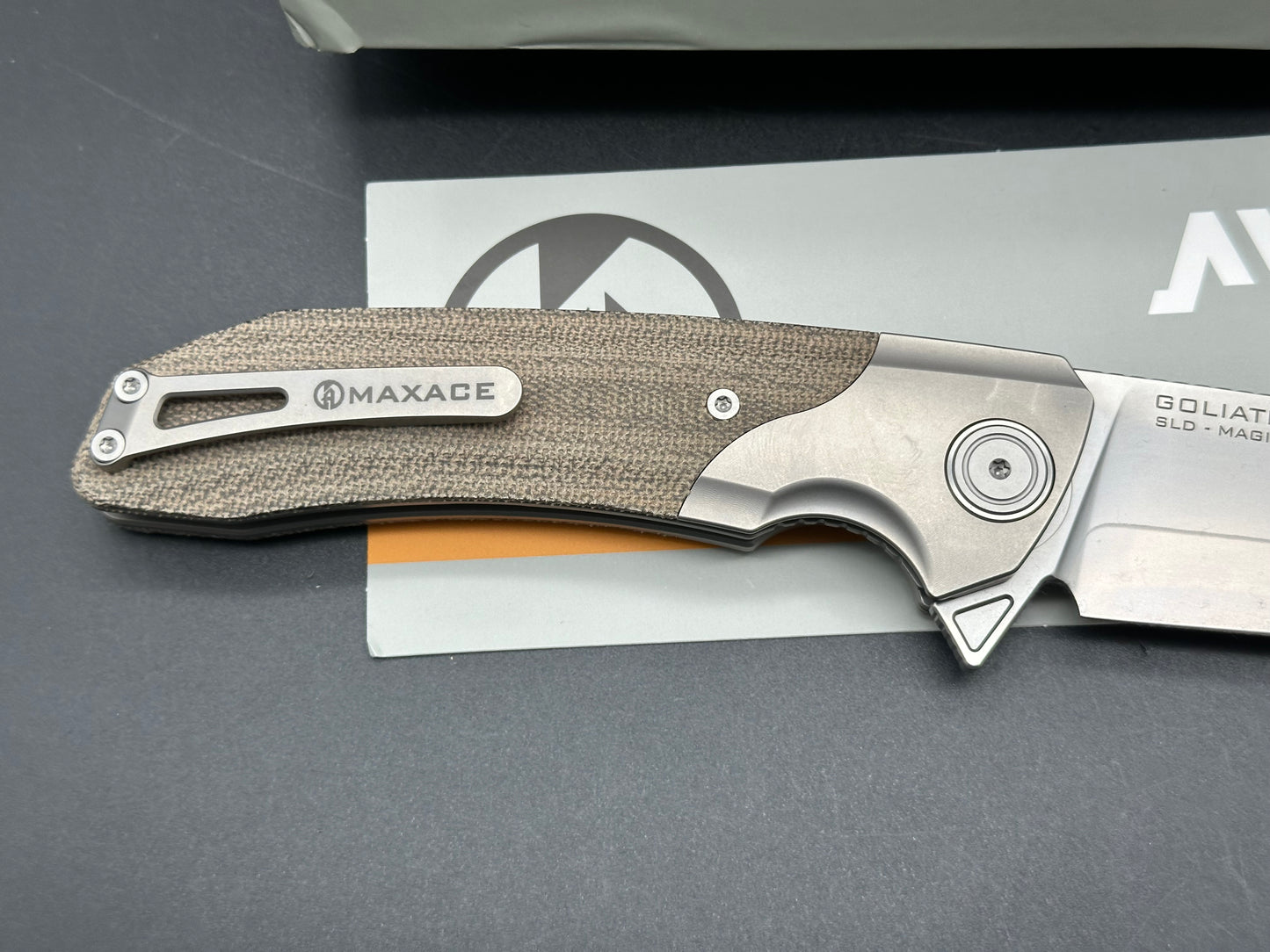 Maxace Goliath 3.0/Gray Ti Brown Micarta Handle Milled Ti Pocket Clip SLD Magic Blade