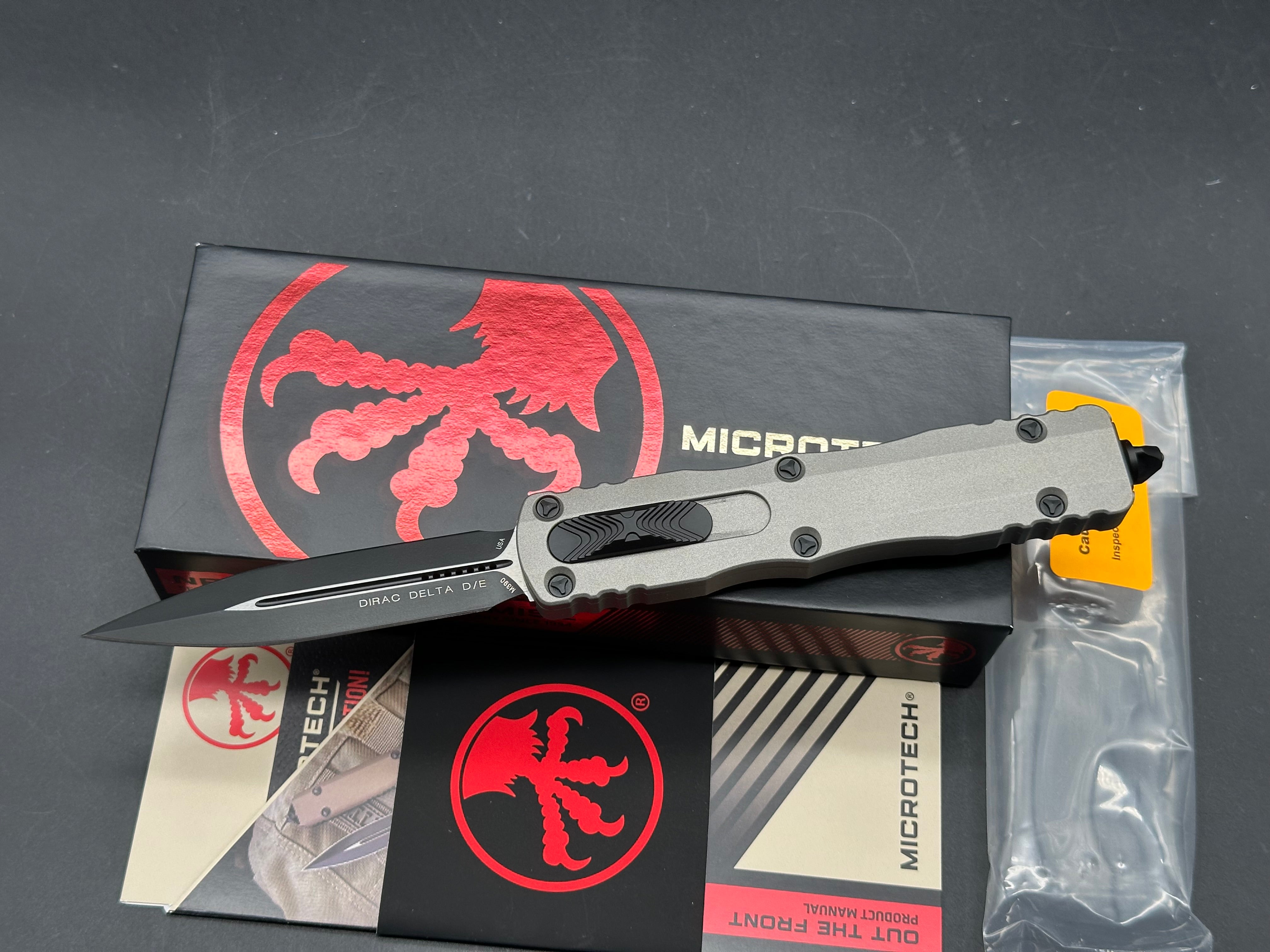 Microtech 227-1TG Dirac Delta AUTO OTF Knife 3.79" Black Double Edge Dagger Blade, Titanium Gray Aluminum Handles