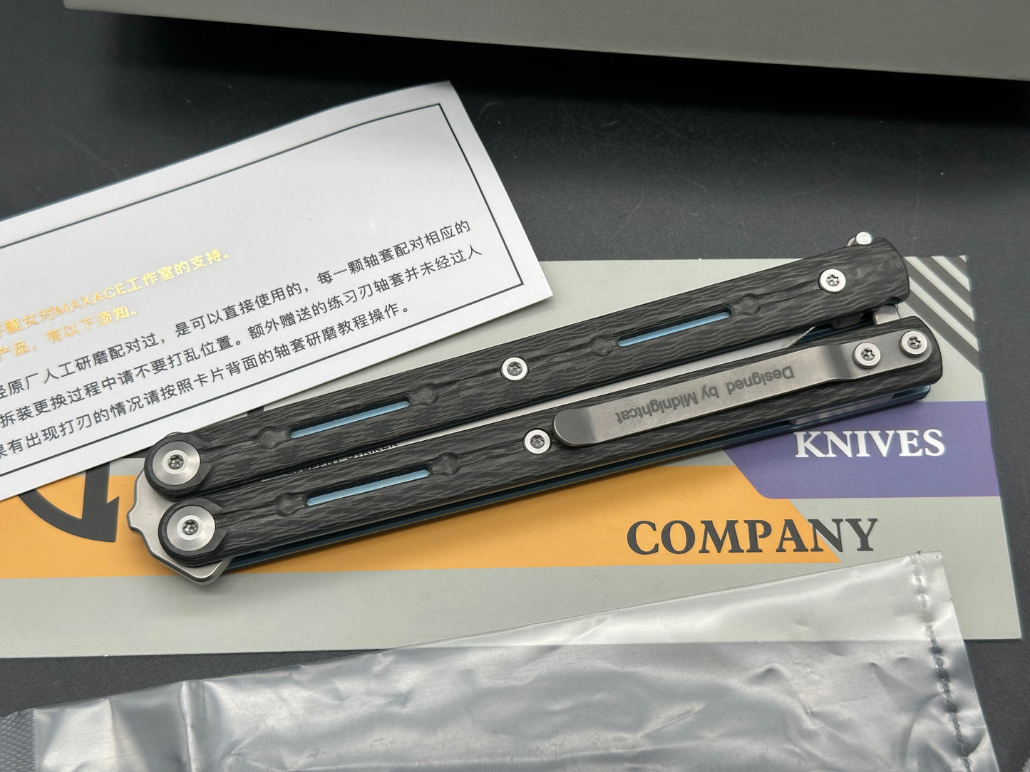 Maxace/ Midnight Cat  Serpent Striker V3 Balisong/Blue Ti Liners  Carbon Fiber Overlays Bohler M390