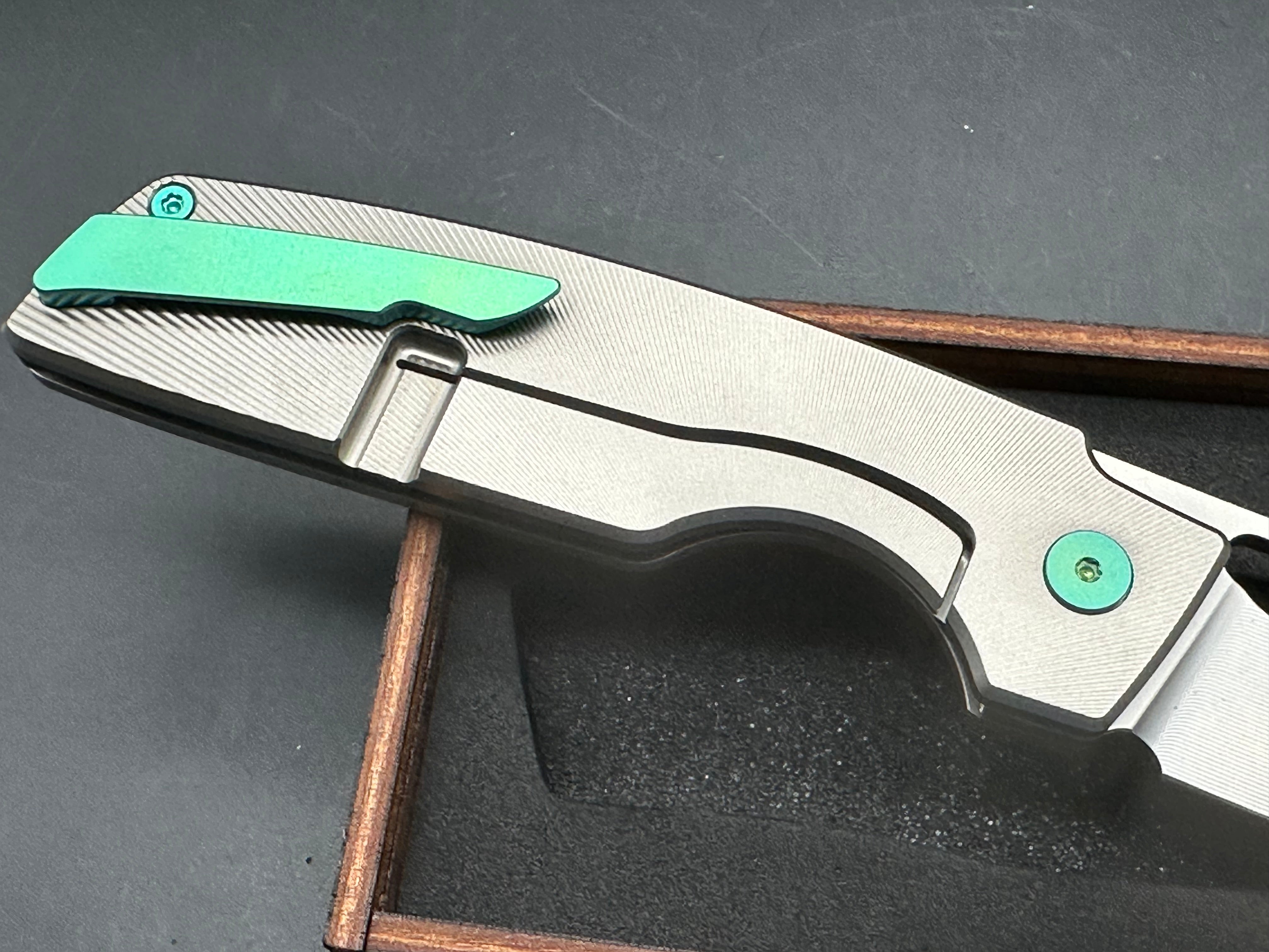 Rob Johnson Cedar Custom Build #430 - Zirblasted Micromilled Vanax Blade / Zirblasted Radial Pattern Titanium Scales with Green Hardware zirc blasted Vanax