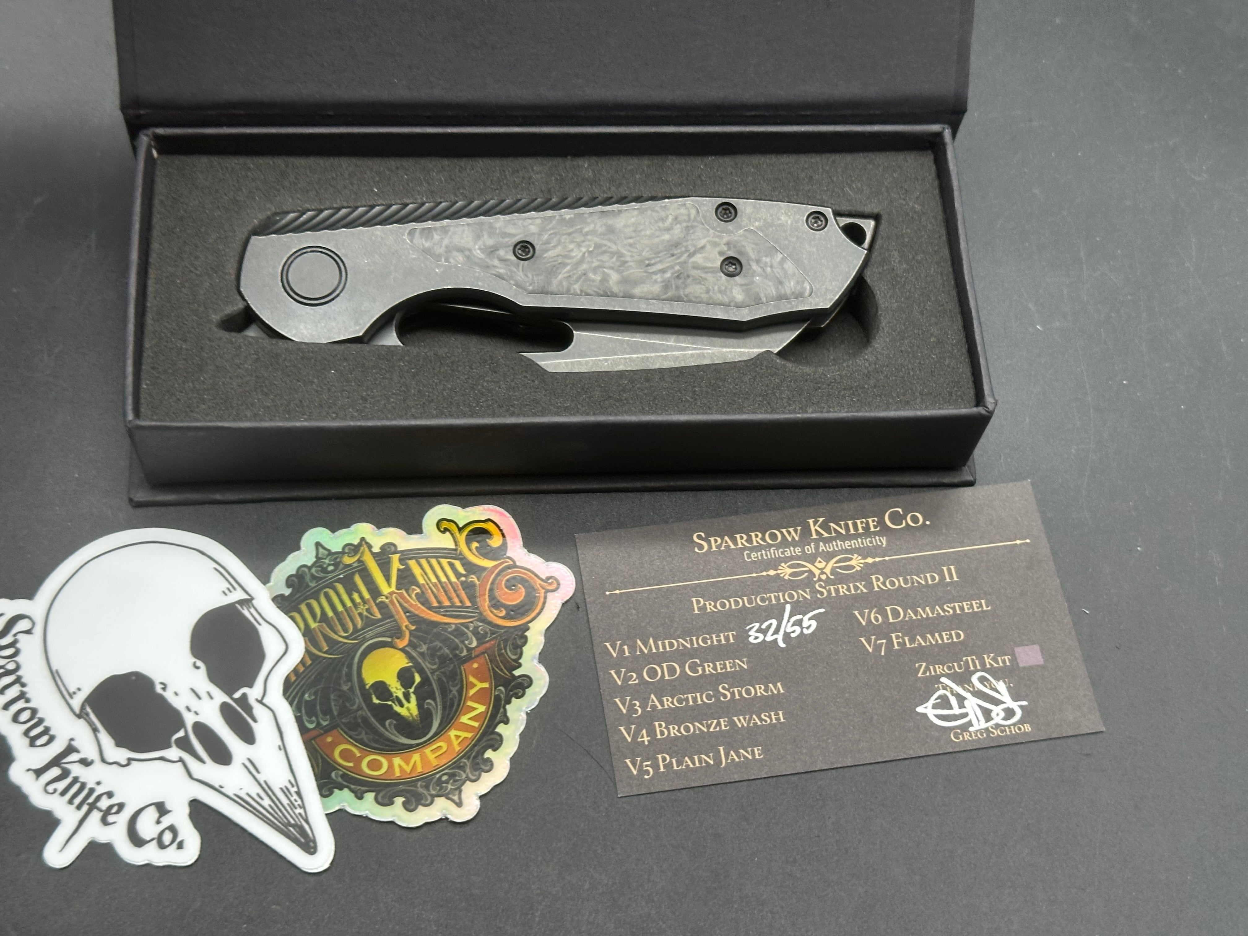 Sparrow Knife Co. Production Strix Round II (V1 Midnight) #32/55, Black Stonewashed DLC Hollow-Ground MagnaCut Blade