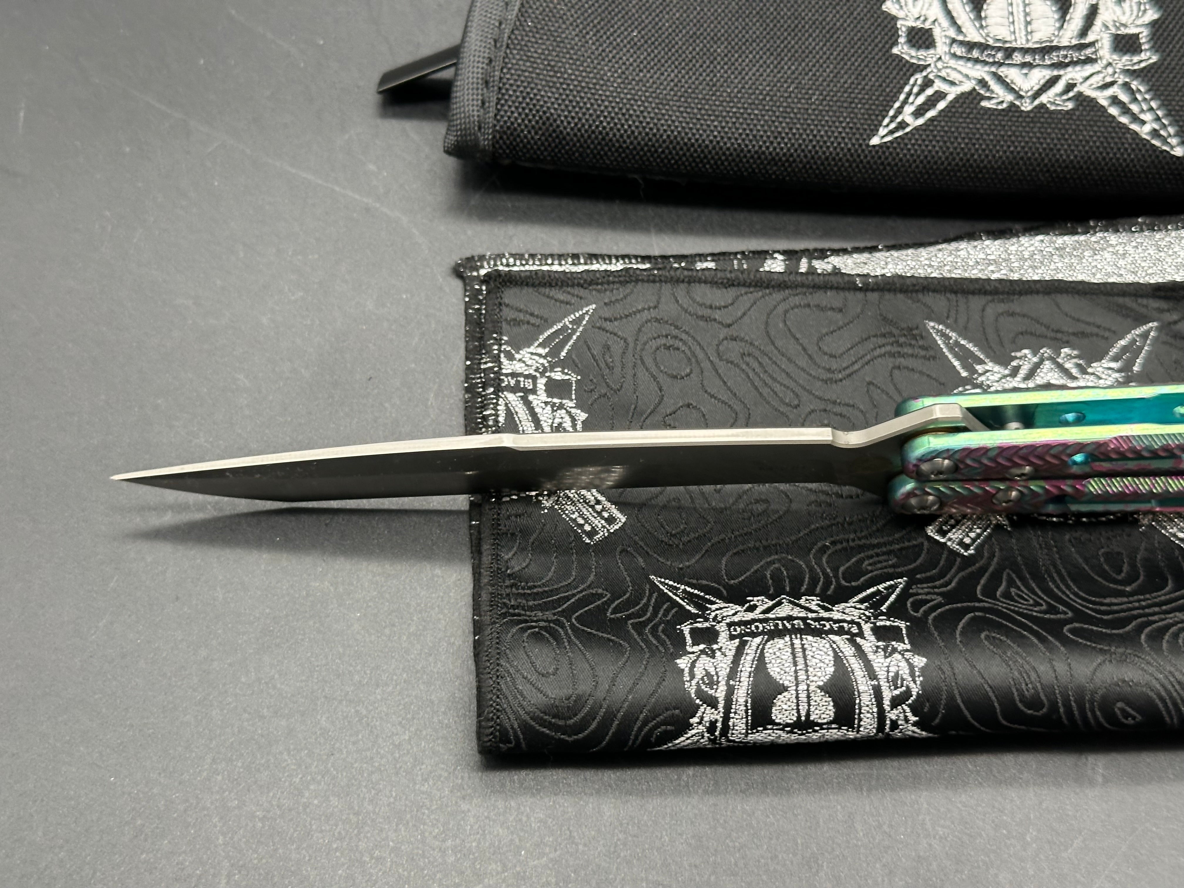 Black Balisong Reaper V2/Spot Ano Milled Ti Channeled Handles/Tanto/Satin M390