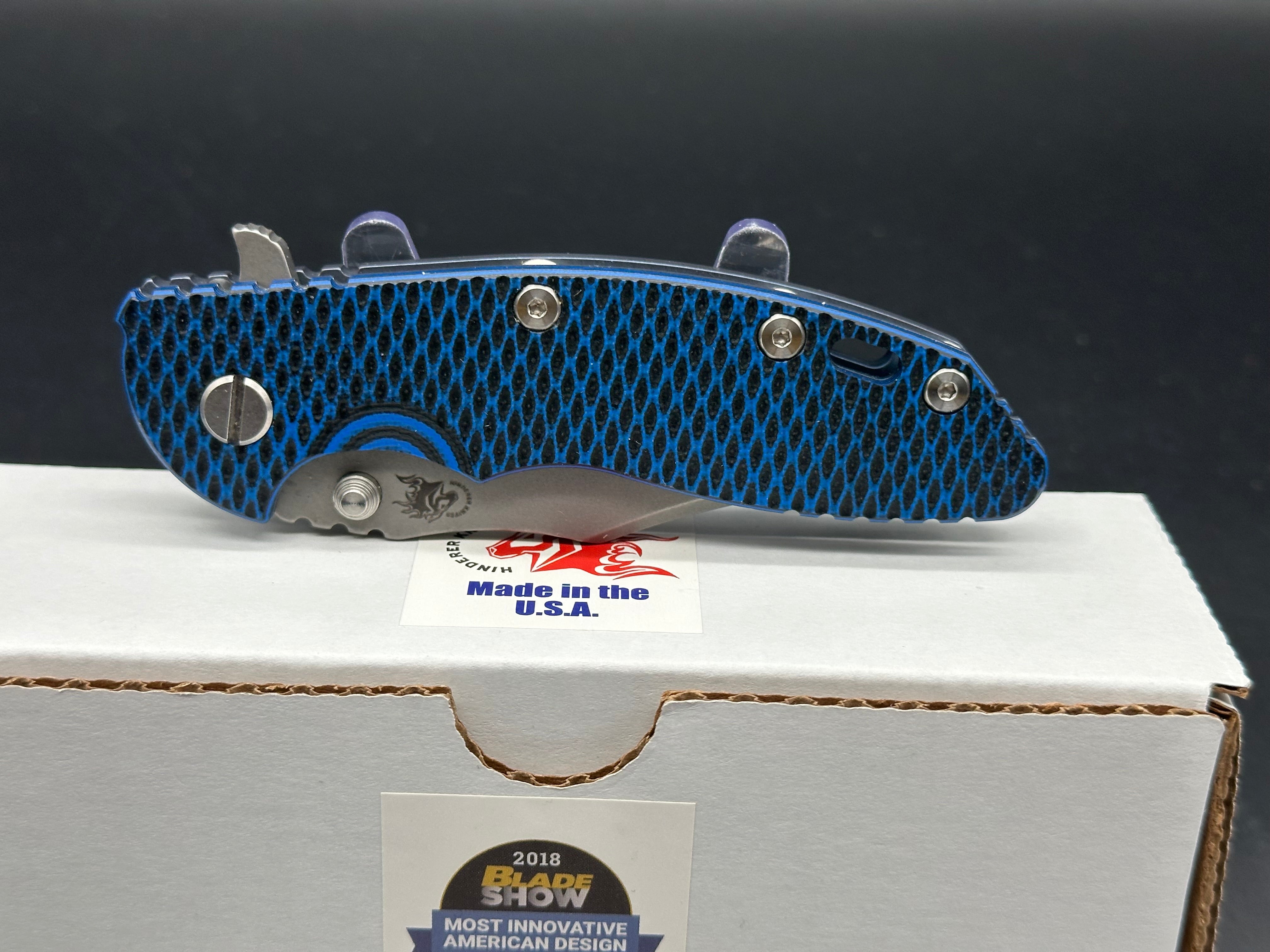 Hinderer XM-18 Bowie flipper working finish battle blue titanium