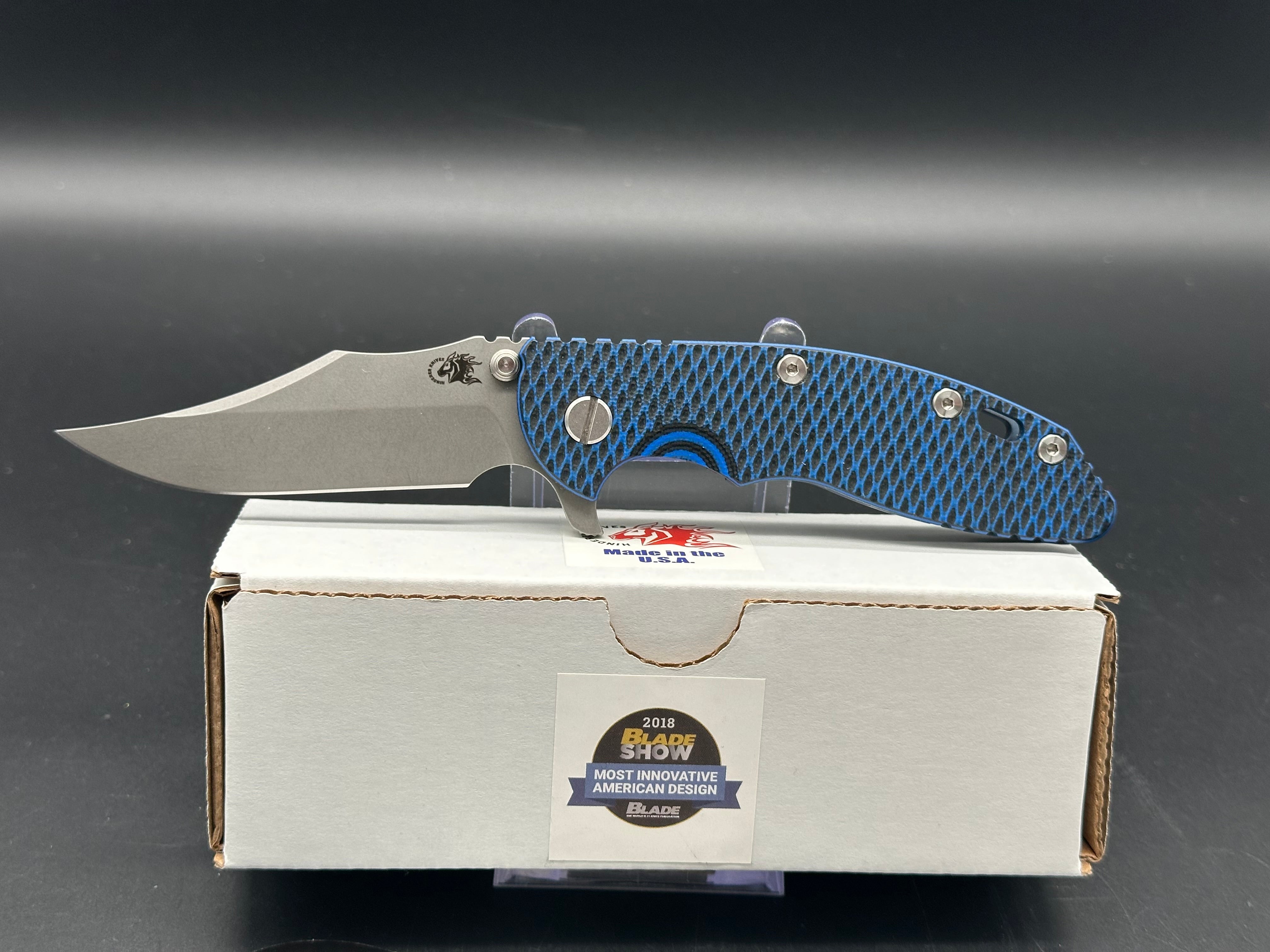 Hinderer XM-18 Bowie flipper working finish battle blue titanium